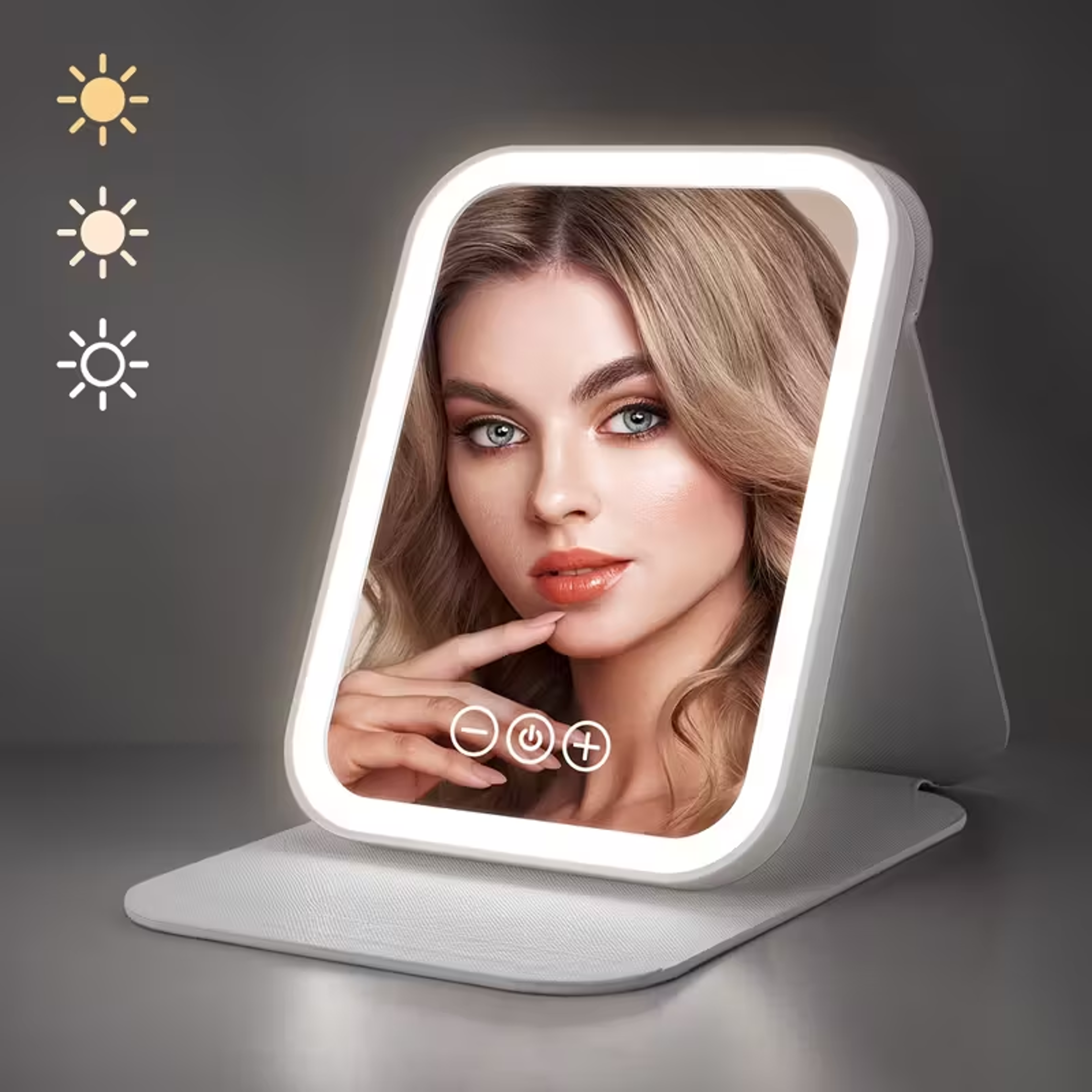 portable led makeup mirror with 3 color lights, touch screen & usb rechargeable travel vanity mirror