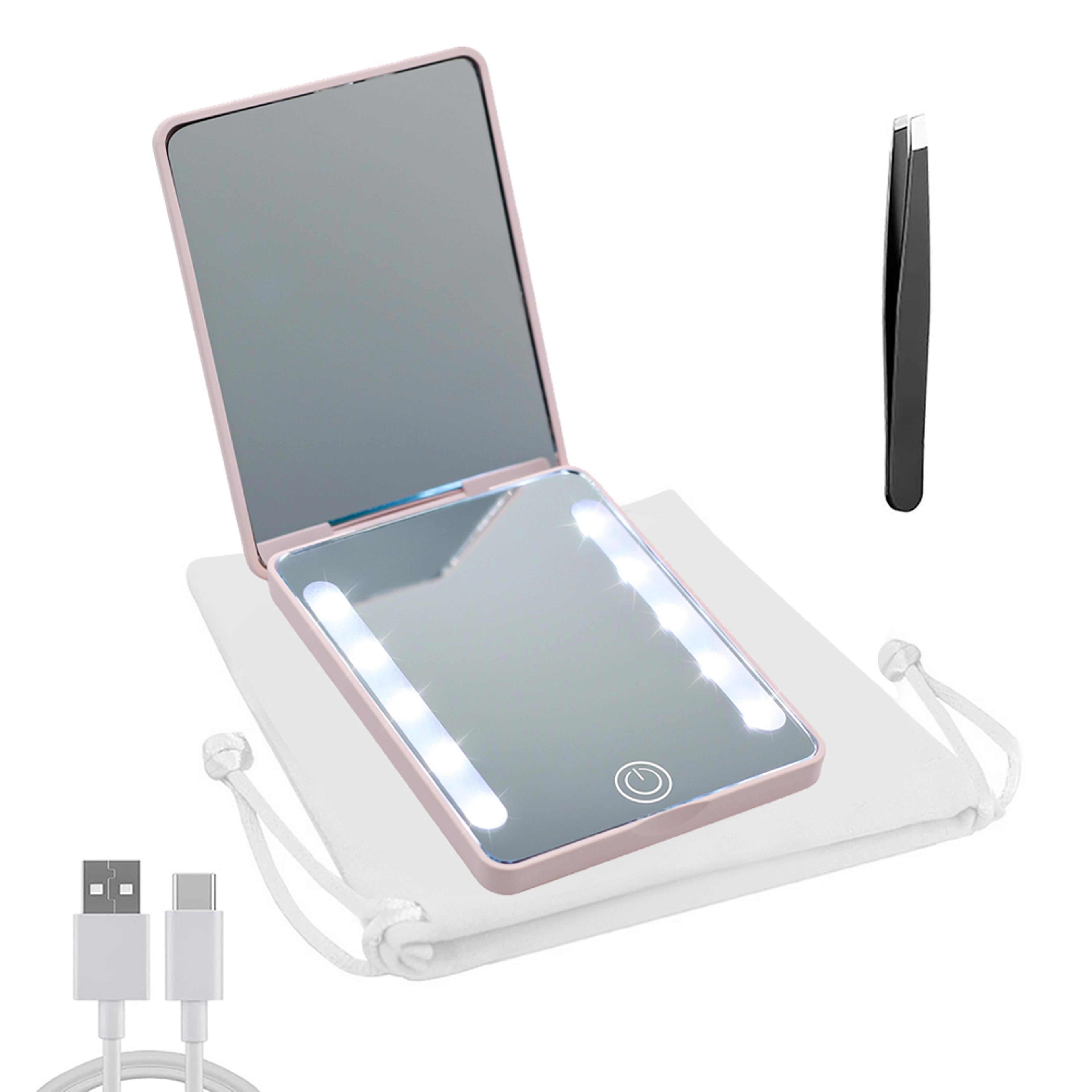 rechargeable led pocket makeup mirror with 3x magnification, dimmable 3 light modes & precision tweezers