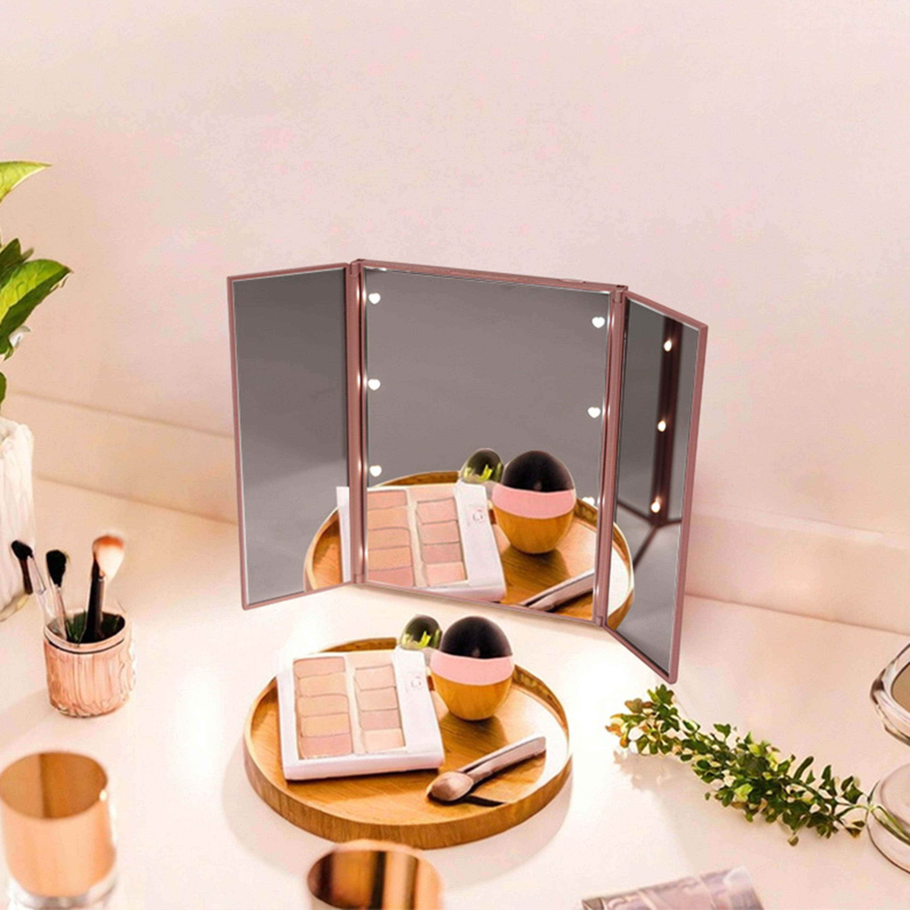 led makeup mirror travel folding tri fold vanity mirror with stand