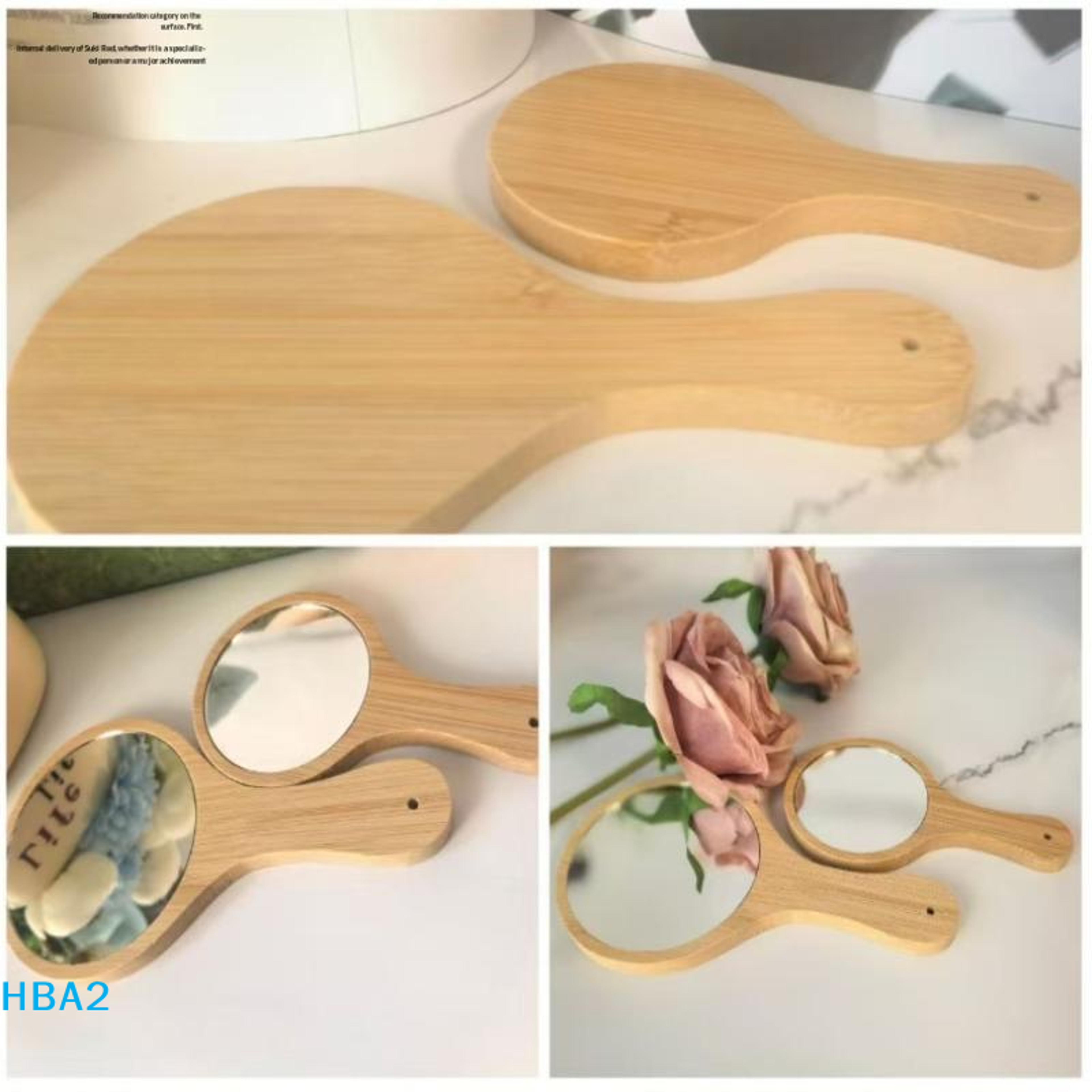 portable handheld makeup mirror with natural bamboo handle round travel vanity mirror