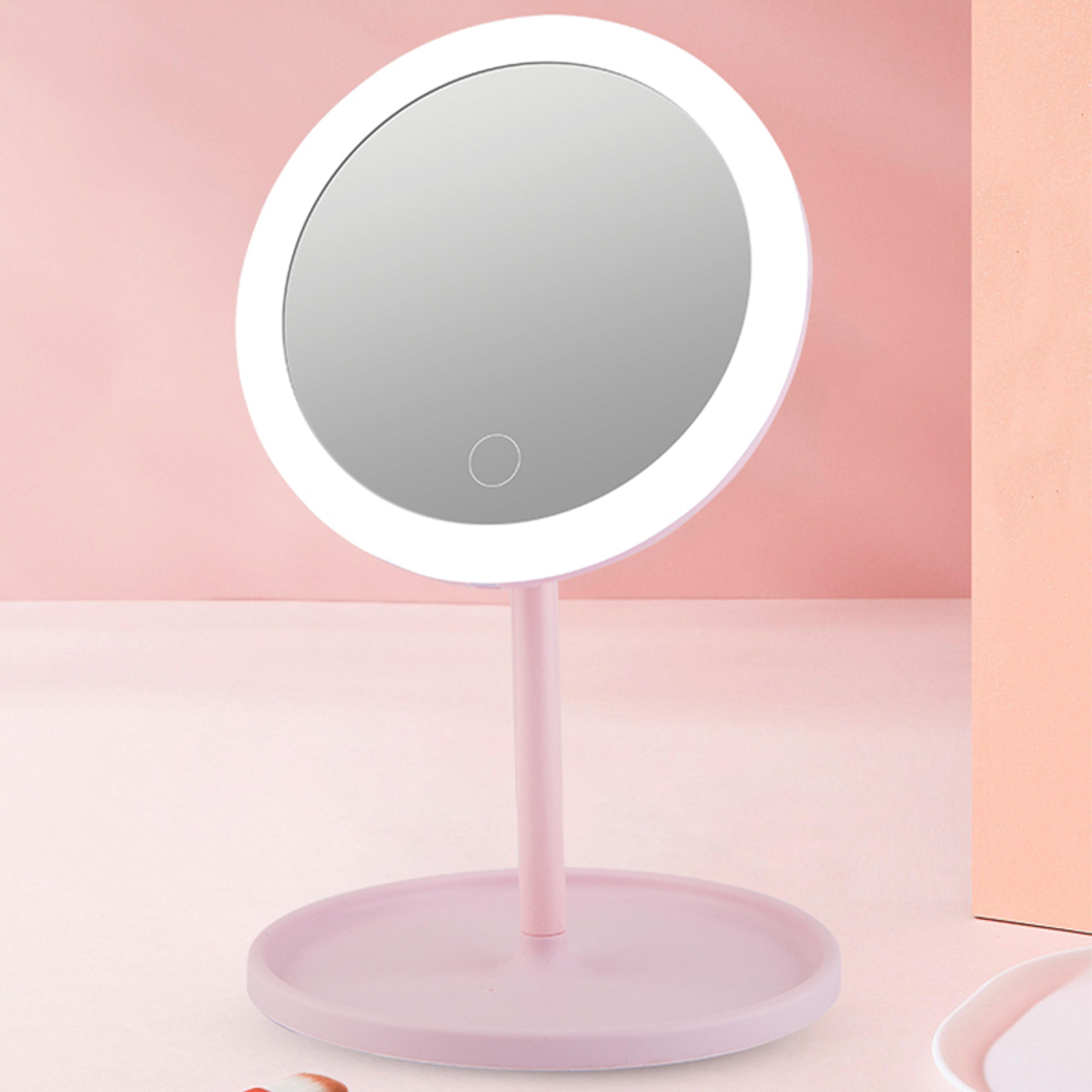 portable lighted makeup mirror with touch led lights & storage tray travel vanity mirror