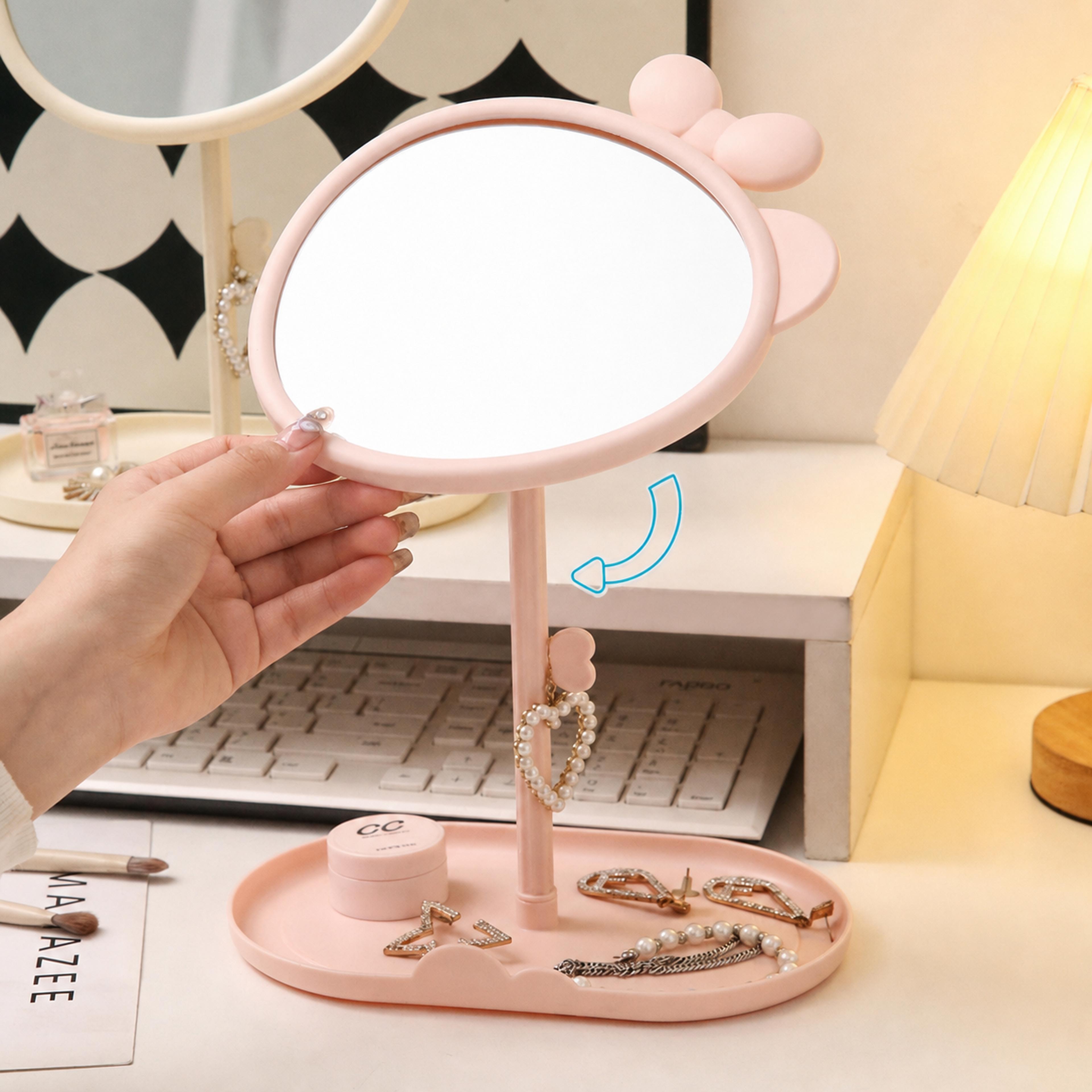 cute bow makeup mirror with storage tray 360 rotating kawaii vanity desk mirror