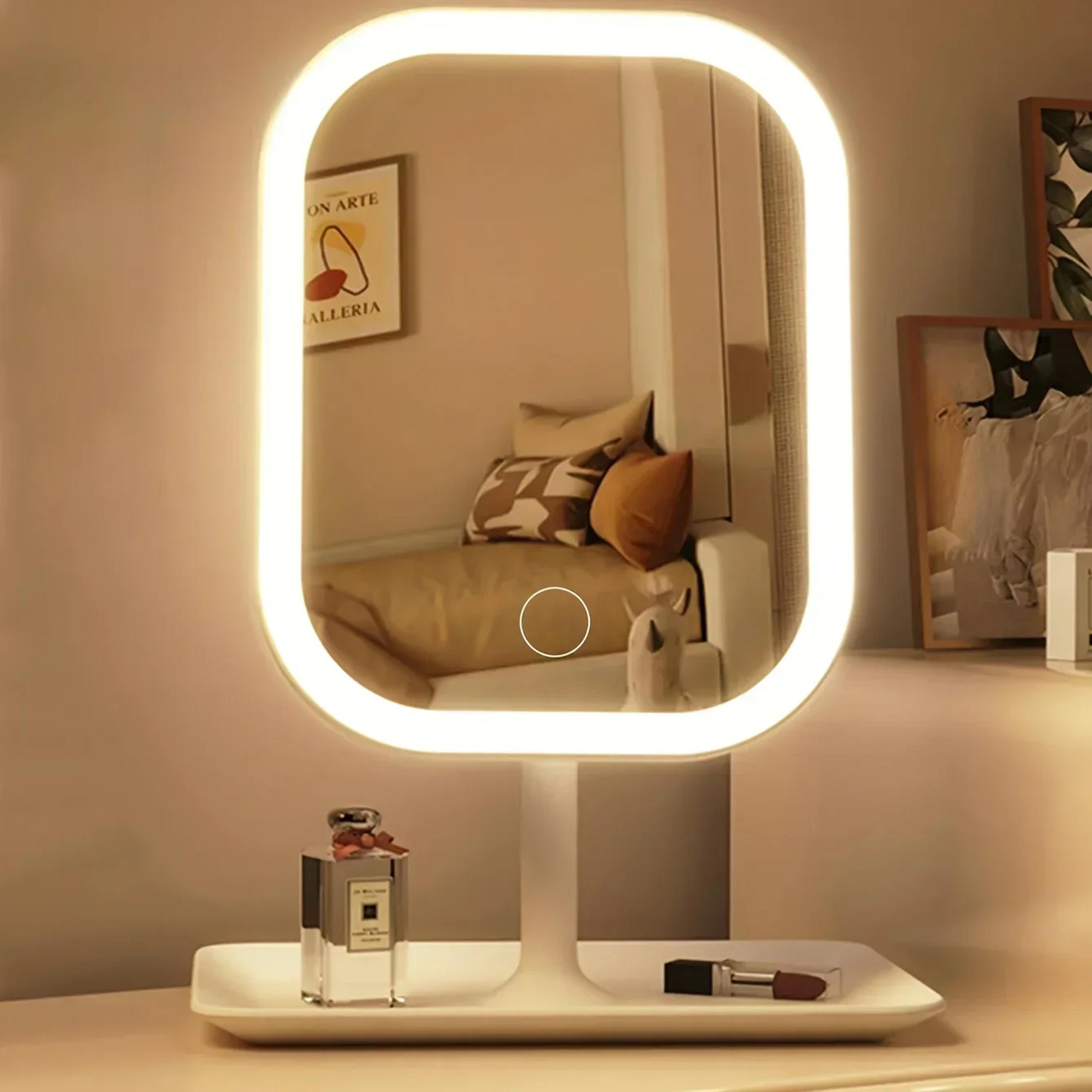 led makeup mirror with 3 color lights touch control desktop vanity mirror.