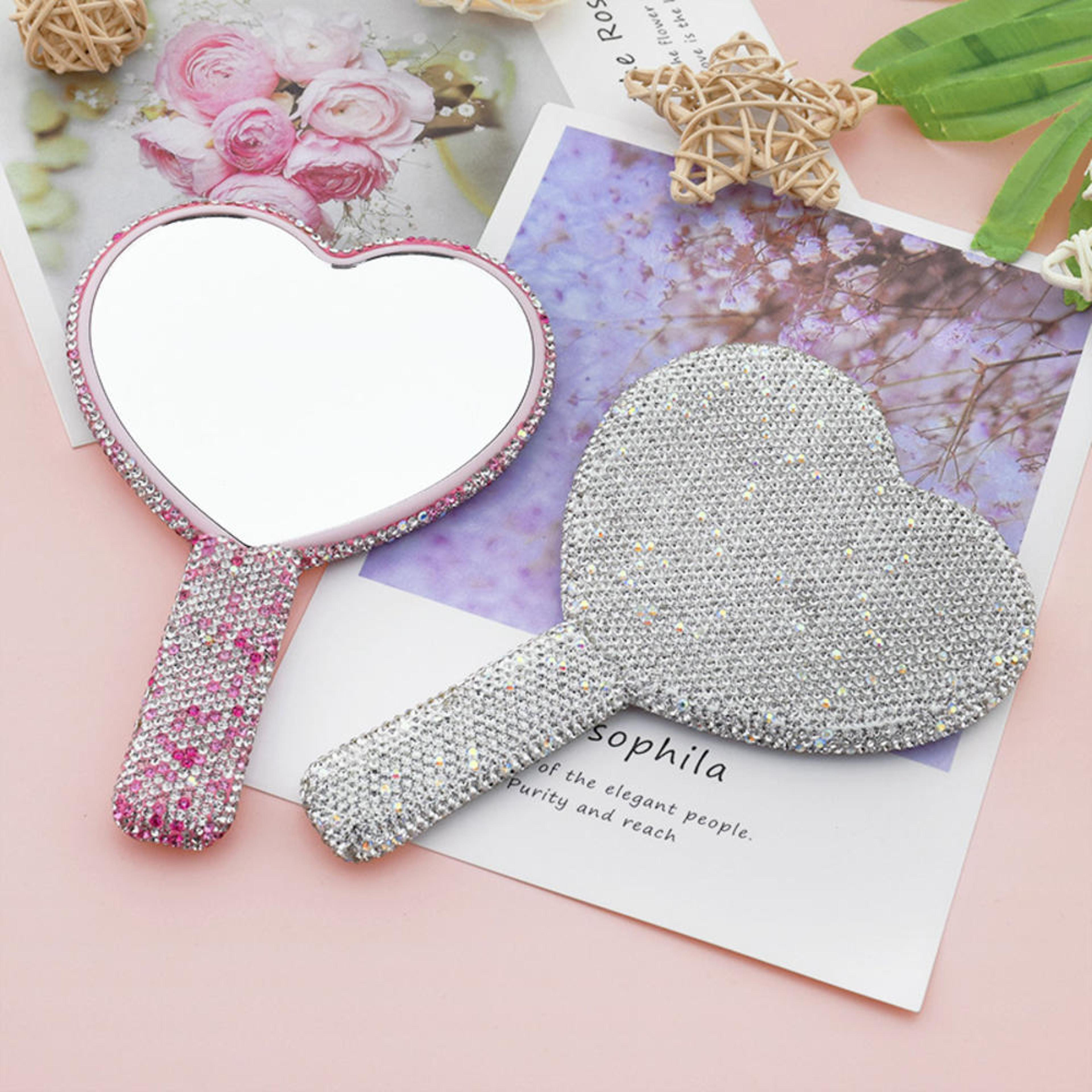 diamond heart handheld makeup mirror with rhinestone handle portable vanity beauty mirror