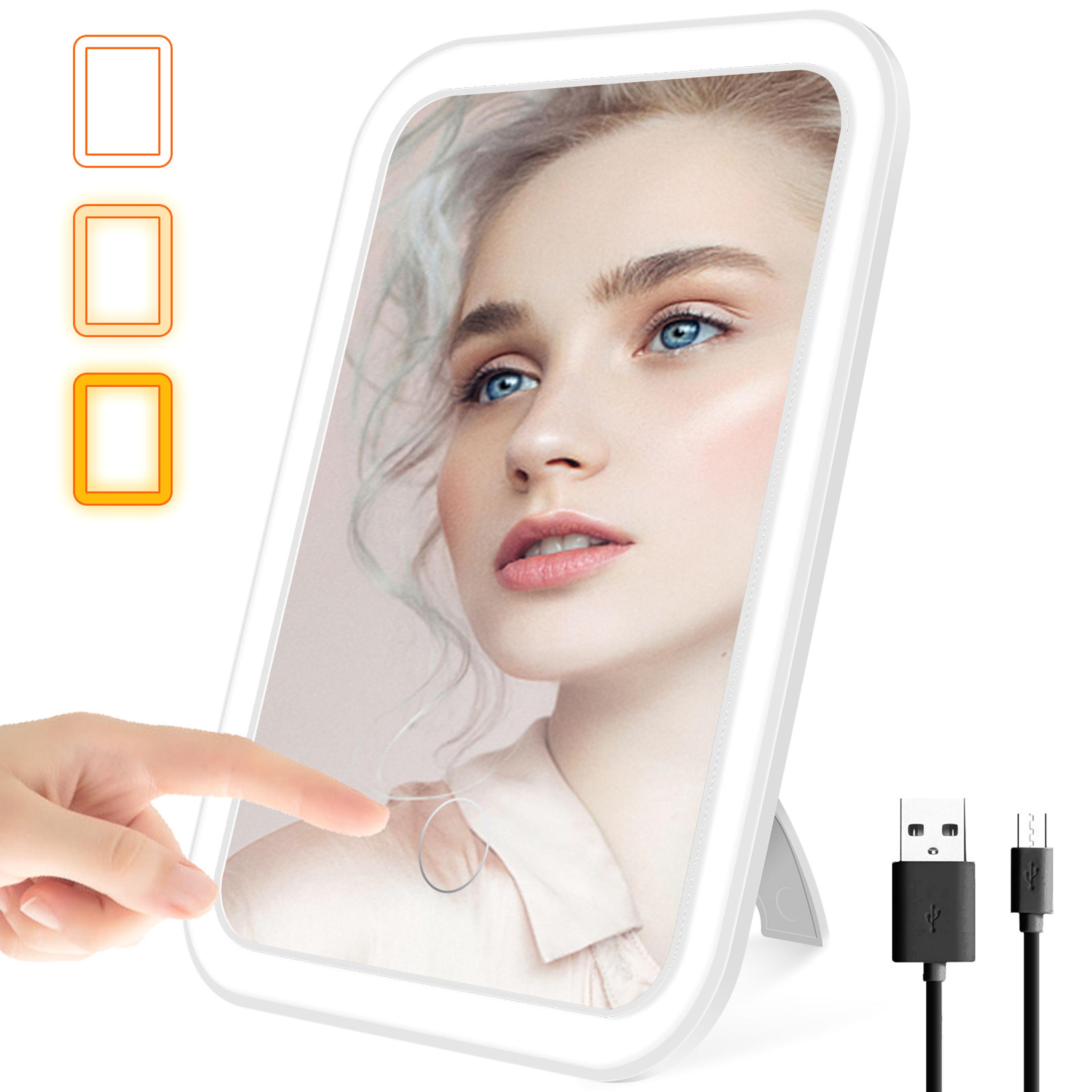 portable led makeup mirror with 3 color lights usb rechargeable travel vanity mirror