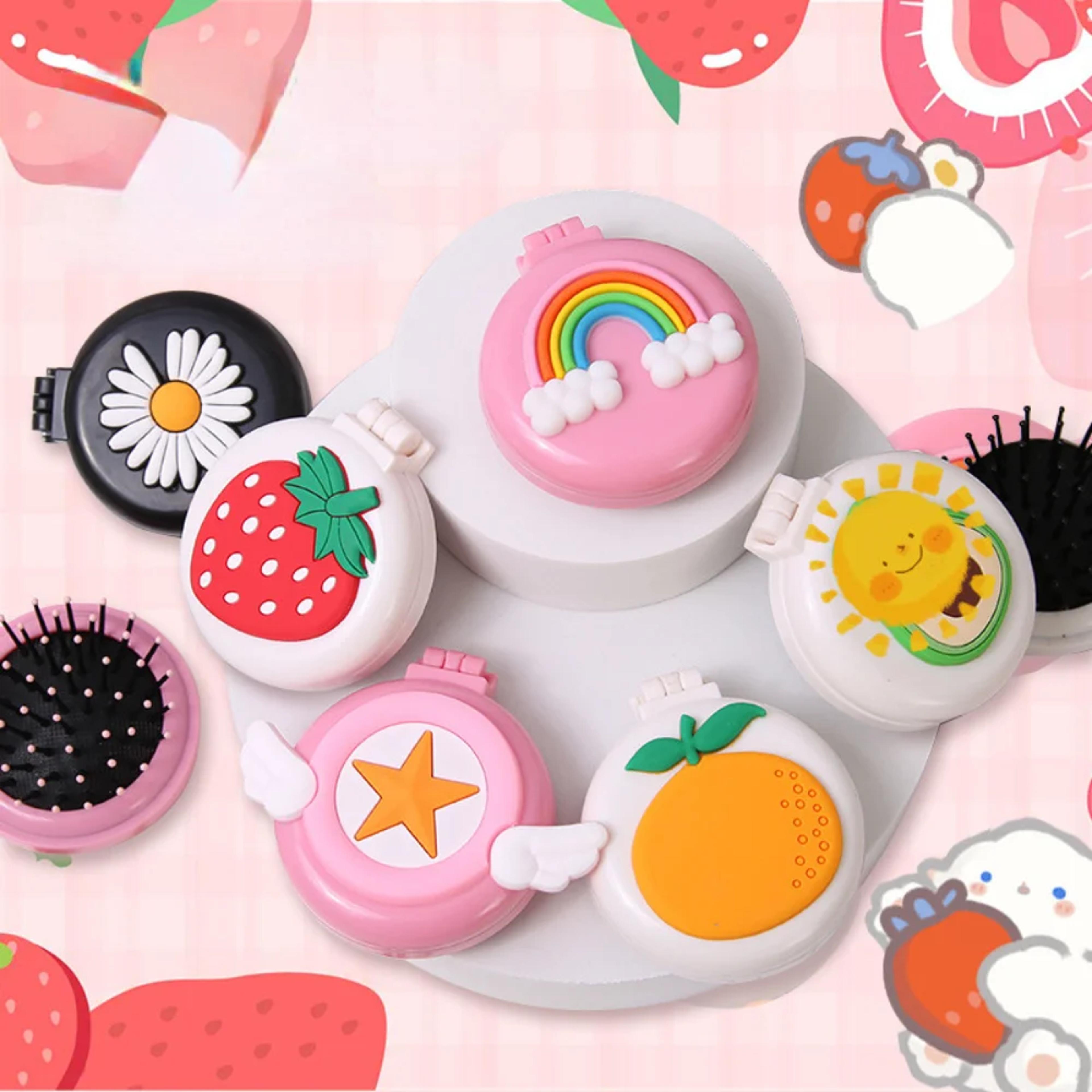 strawberry travel hair brush with mirror folding compact massage comb