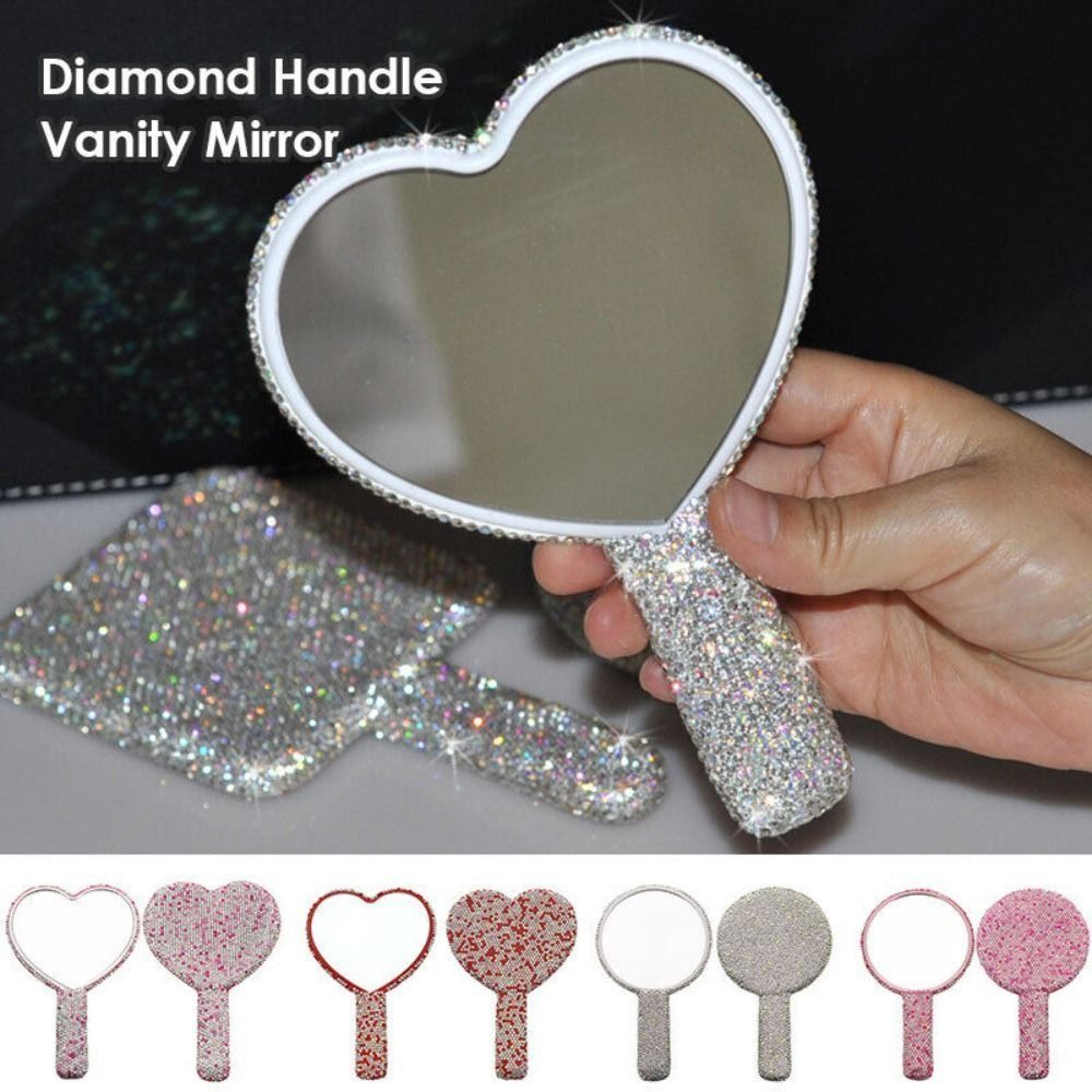 luxury handheld makeup mirror with rhinestone crystal handle portable heart, round & square vanity mirror