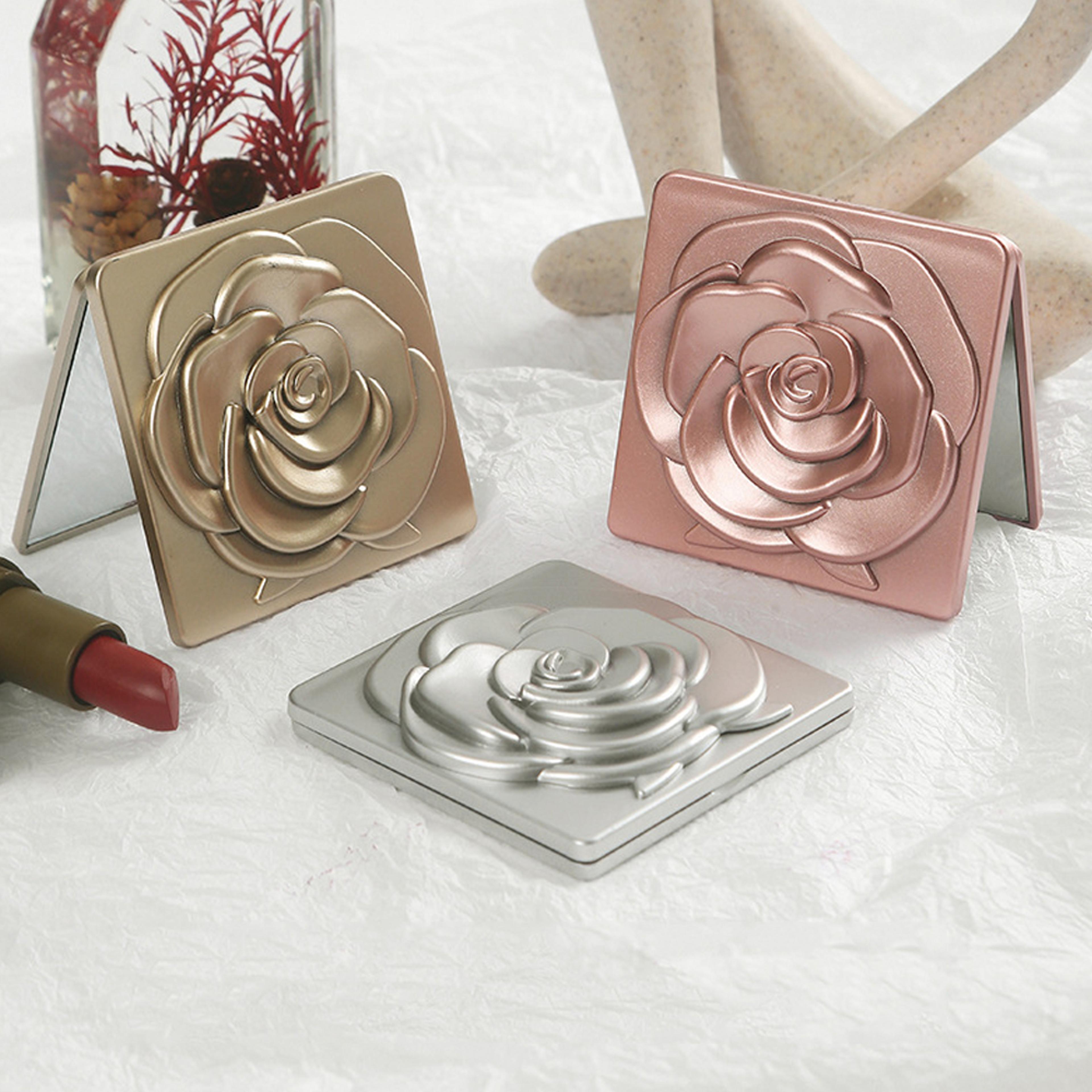 compact makeup mirror with 3x magnifying mirror folding pocket travel mirror with rose design & storage bag