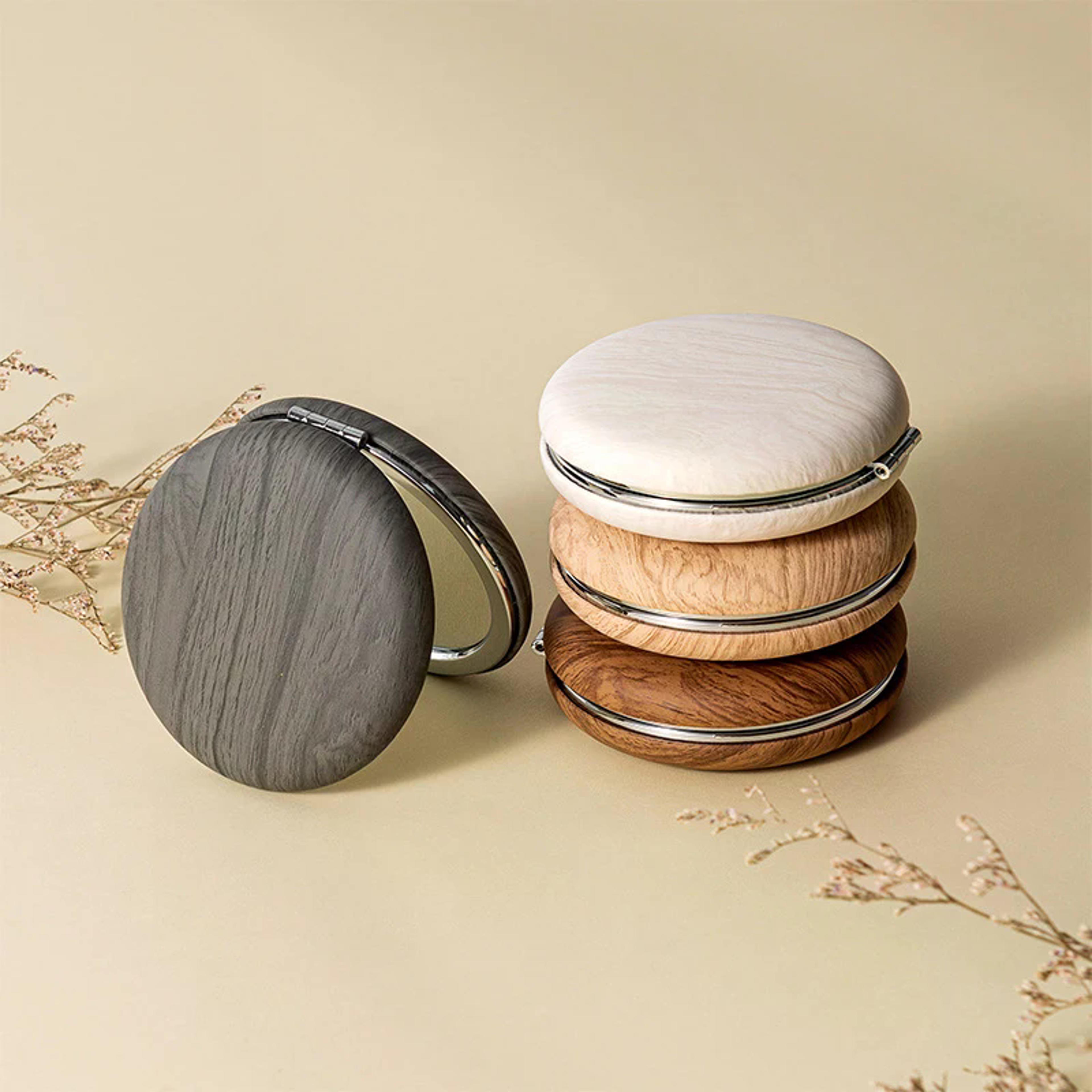vintage compact makeup mirror with 2x magnification wood grain travel pocket mirror