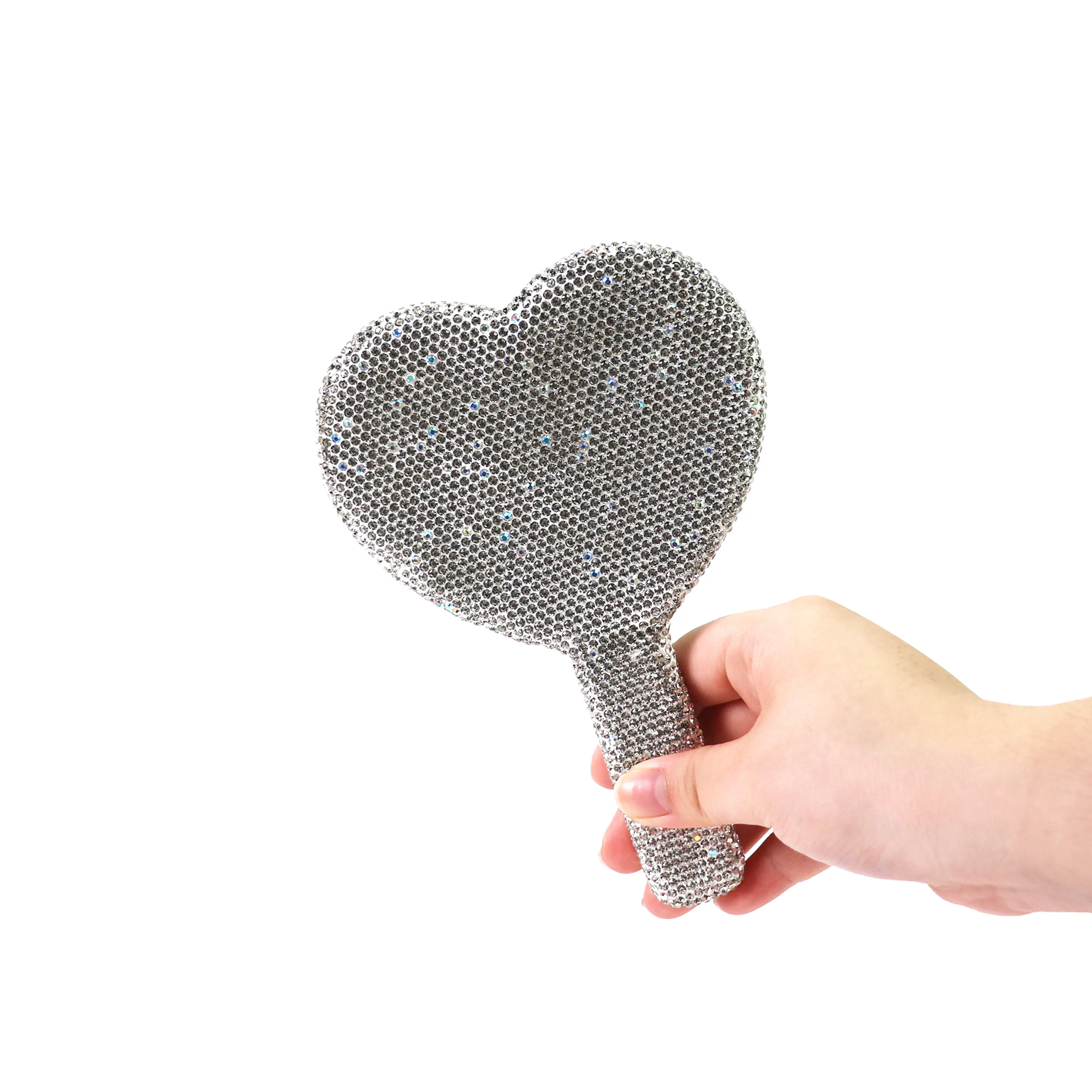 sparkling heart-shaped handheld makeup mirror for travel rhinestone vanity beauty accessory