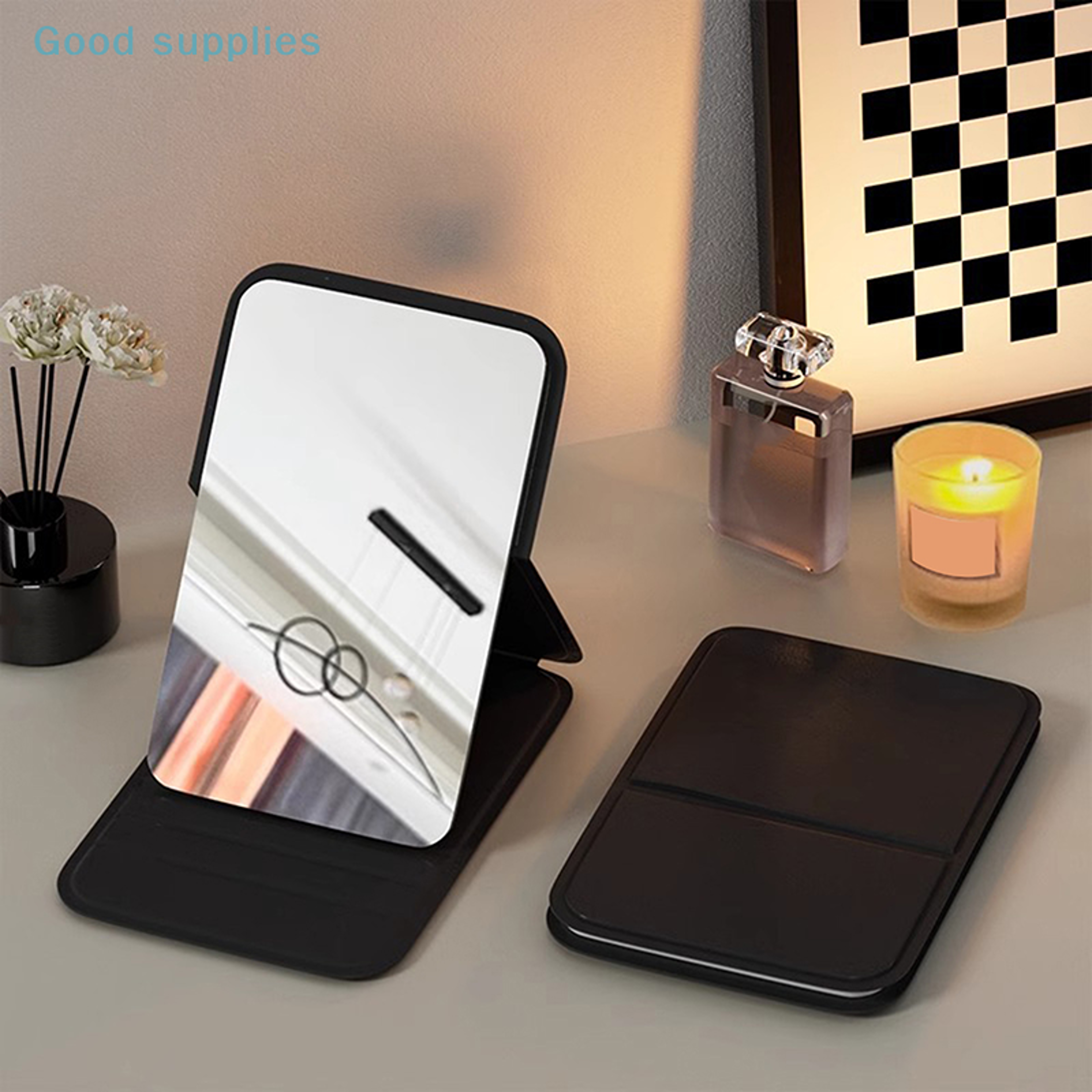 travel makeup mirror with pu leather case double-sided foldable compact mirror