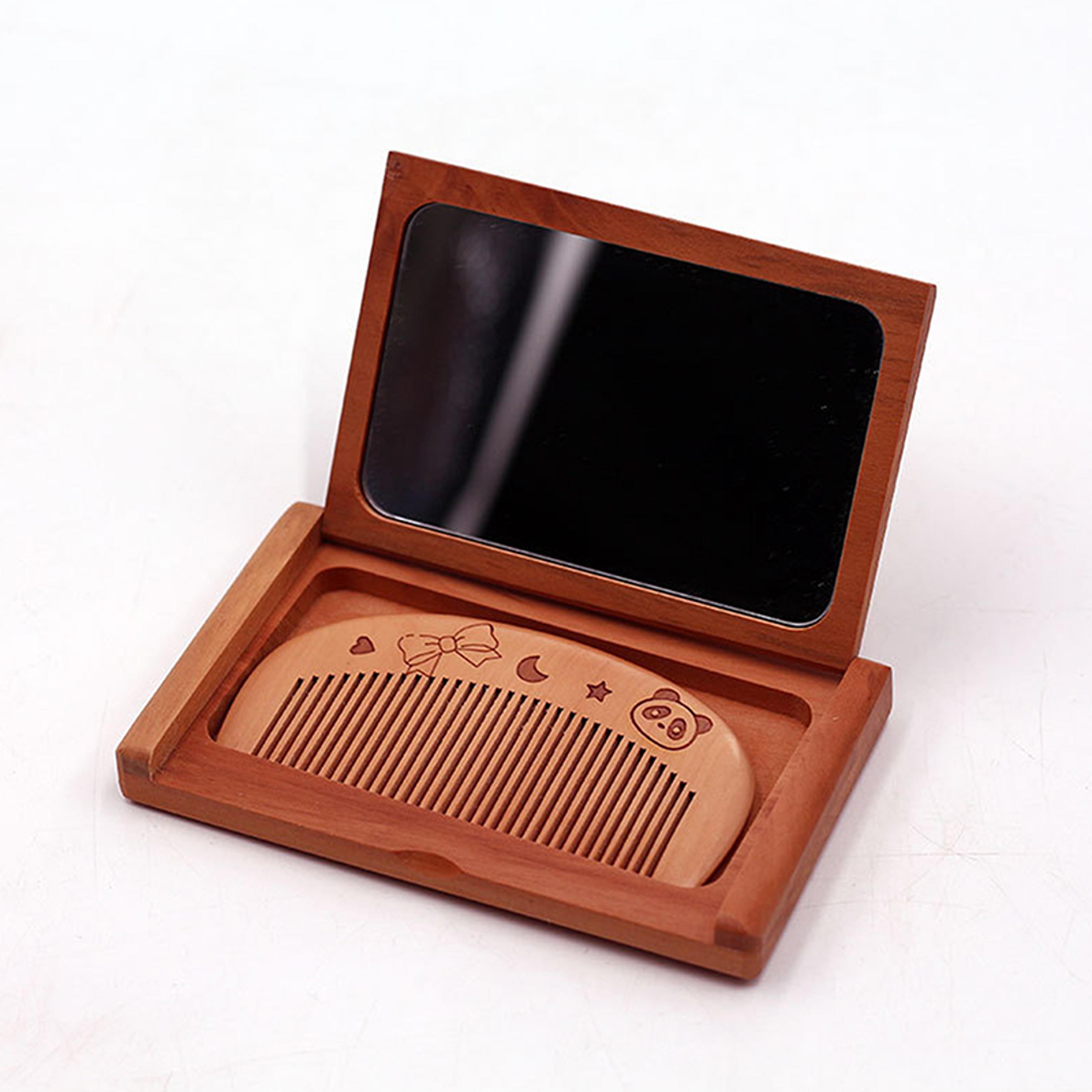 portable makeup mirror & wooden comb mirror set foldable peachwood travel compact