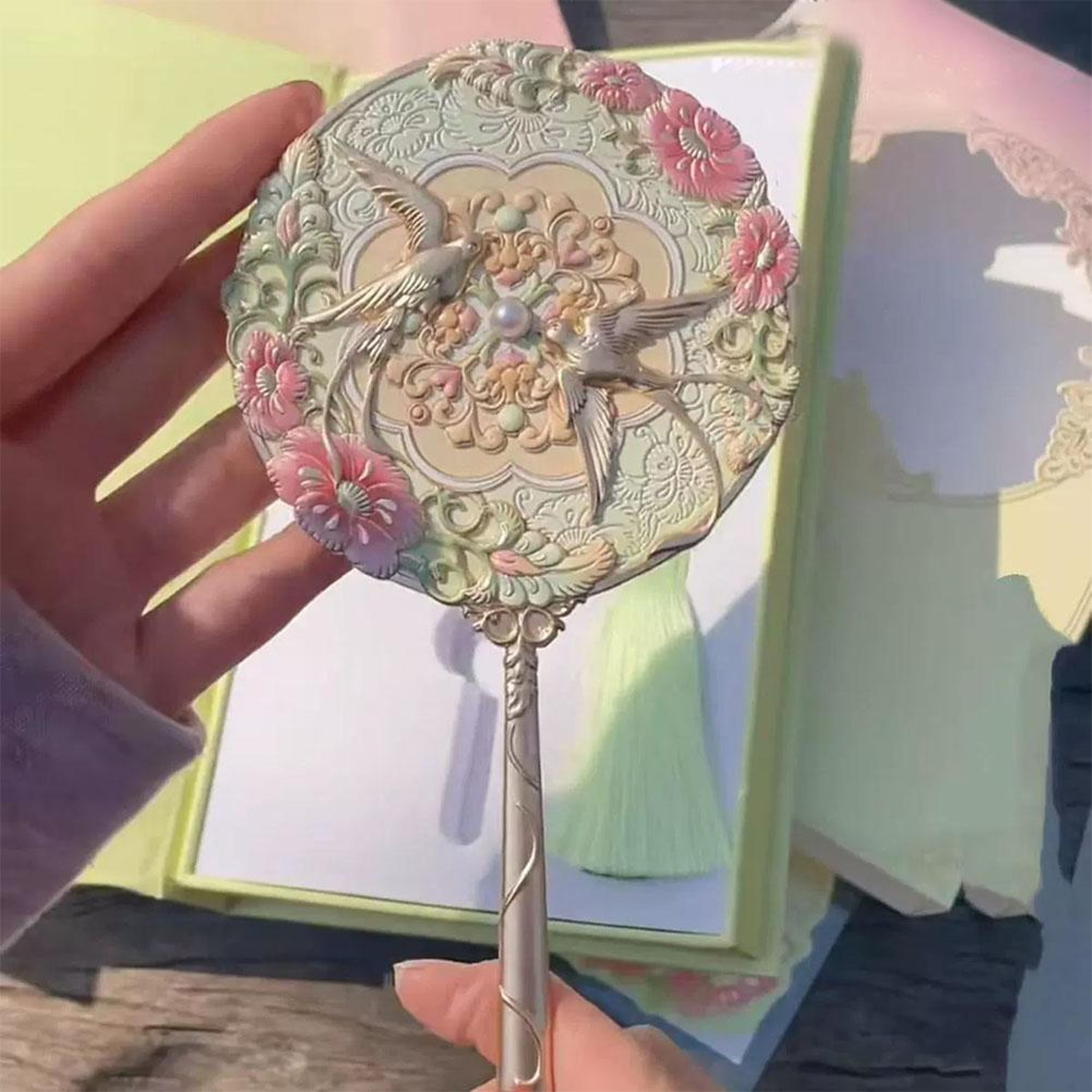 vintage hand mirror chinese style mirror with 3d relief, handheld makeup mirror in gift box