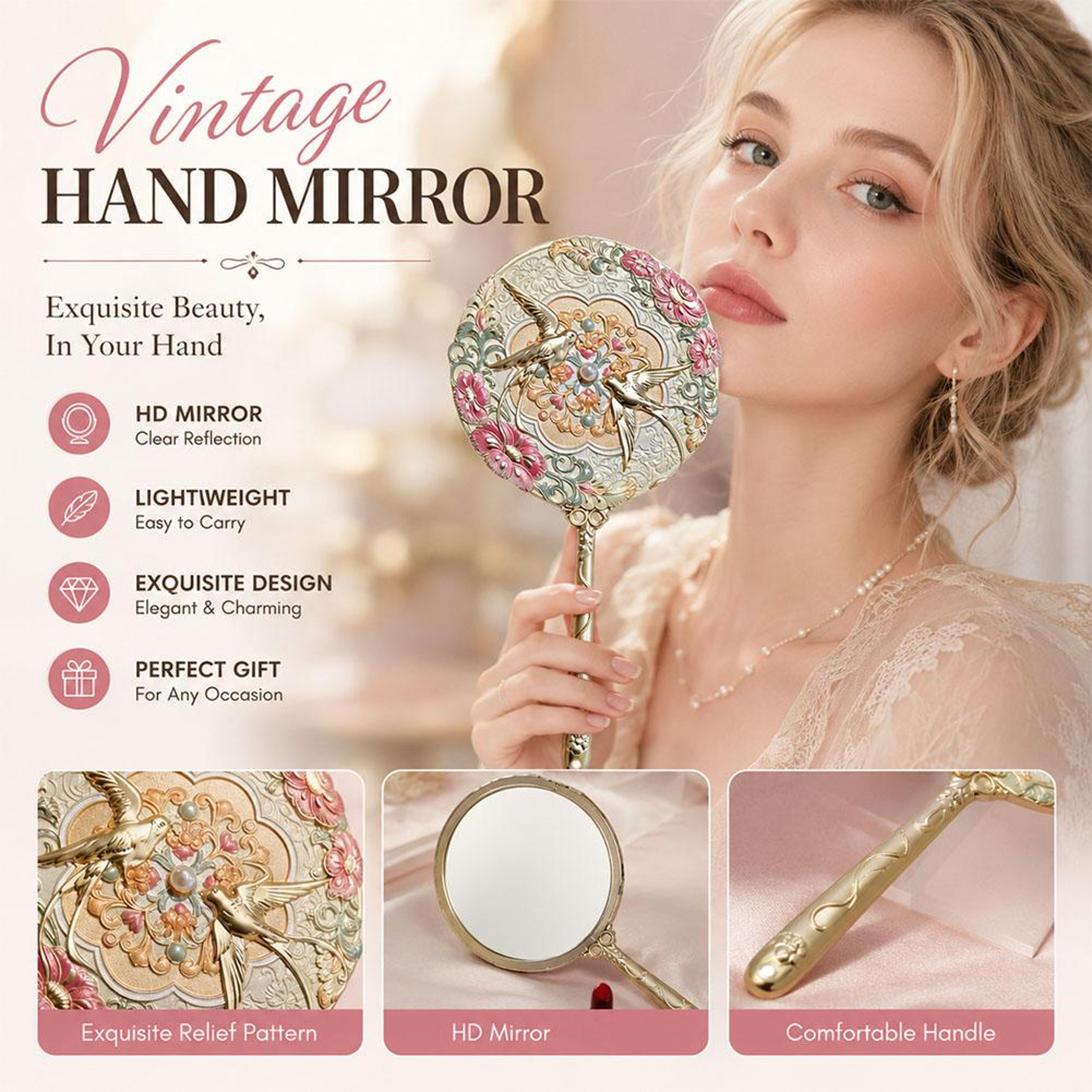 vintage hand mirror with chinese peony embossed design, handheld makeup mirror, retro vanity gift for her
