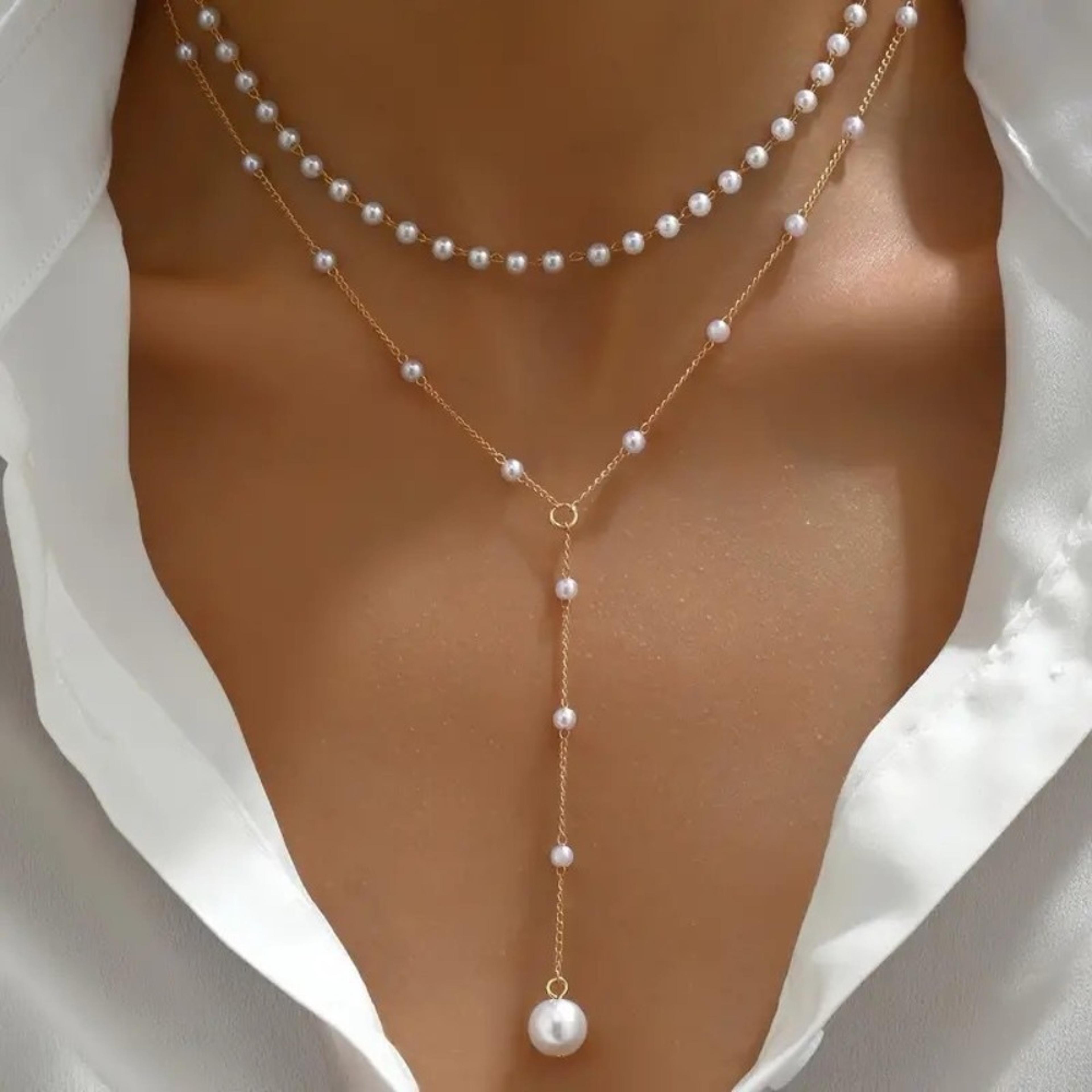 layered pearl long pendant necklace for women – beaded beach statement jewelry