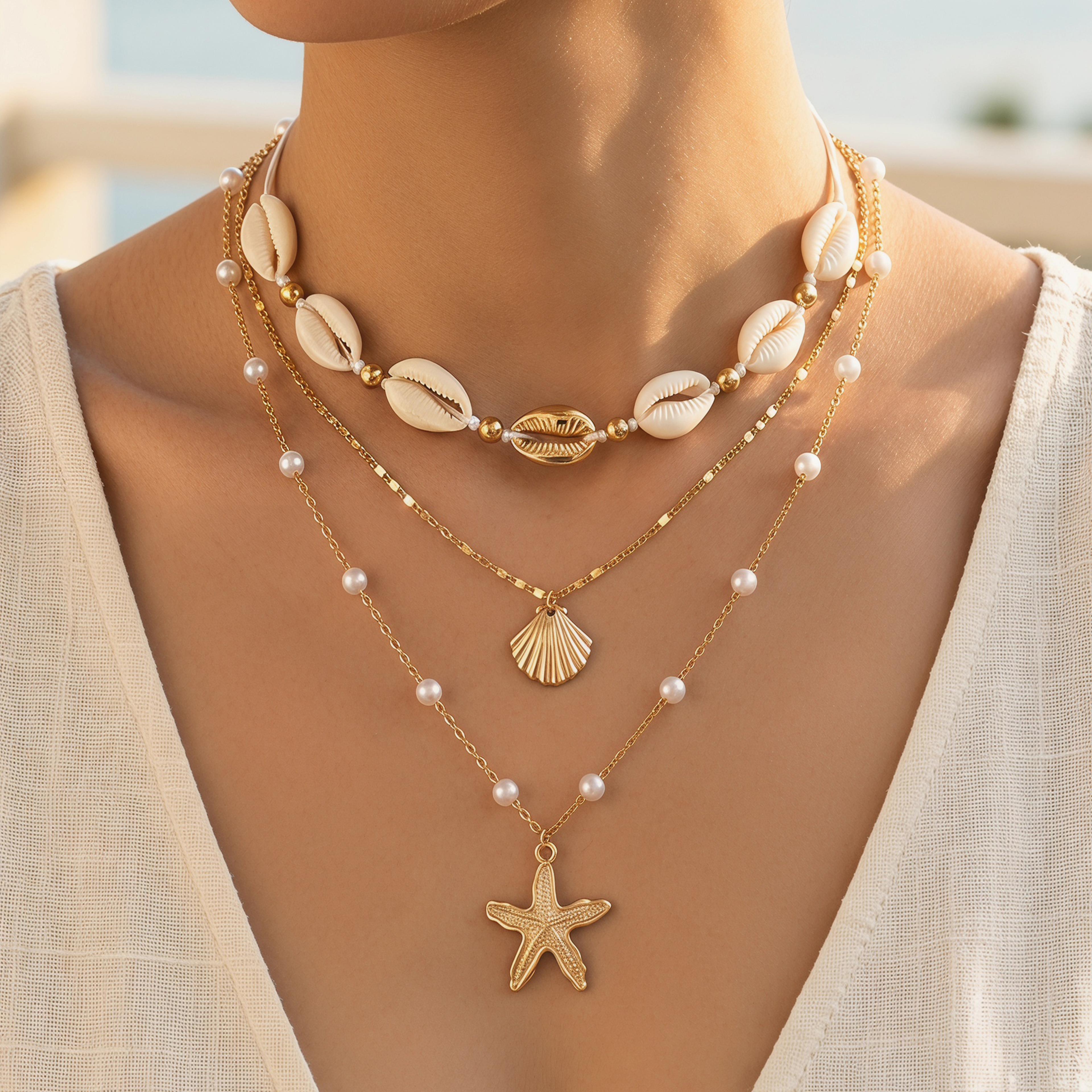 layered shell necklace set for women with cowrie shell, pearl & starfish charms