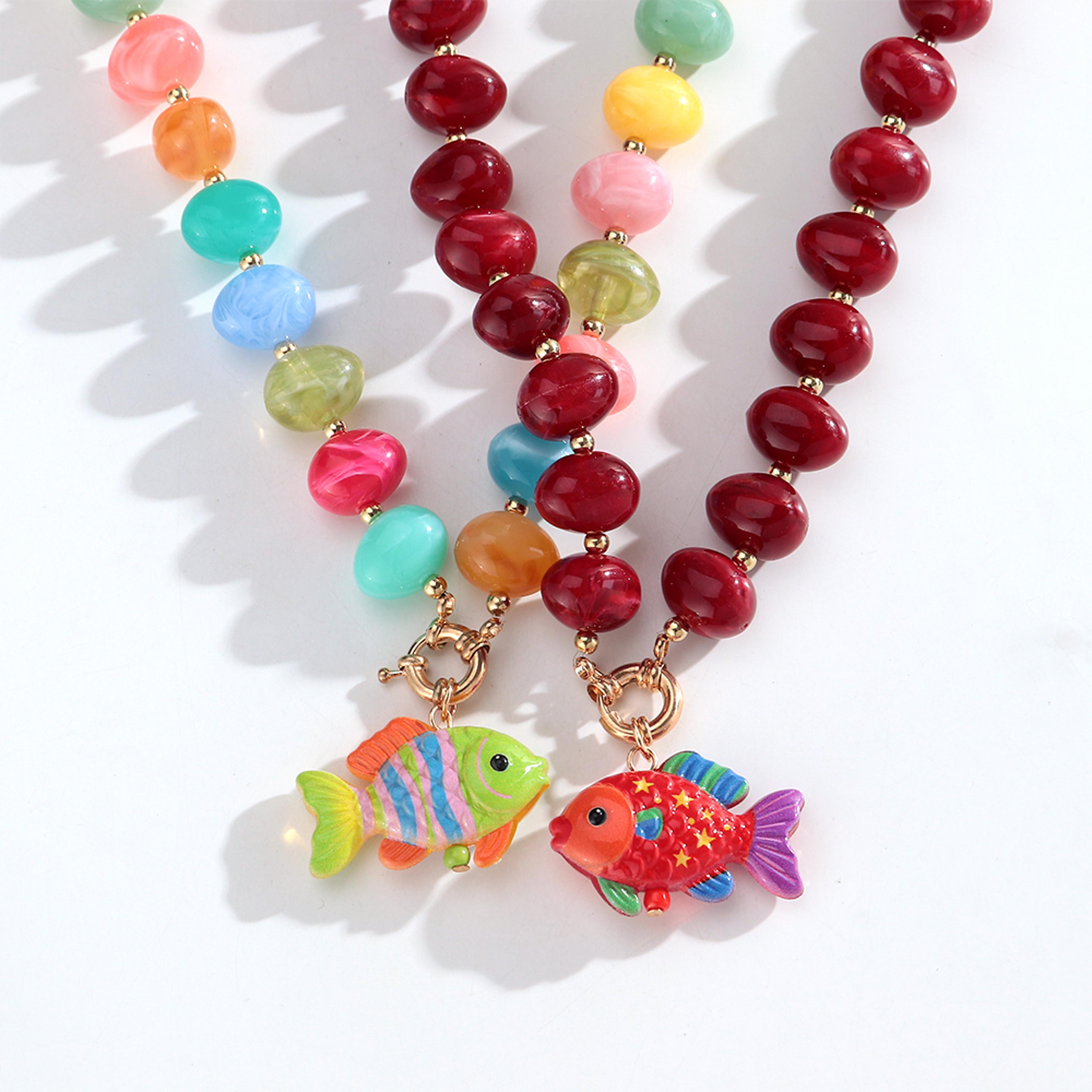 boho beaded choker fish pendant necklace for women colorful acrylic beach vacation jewelry