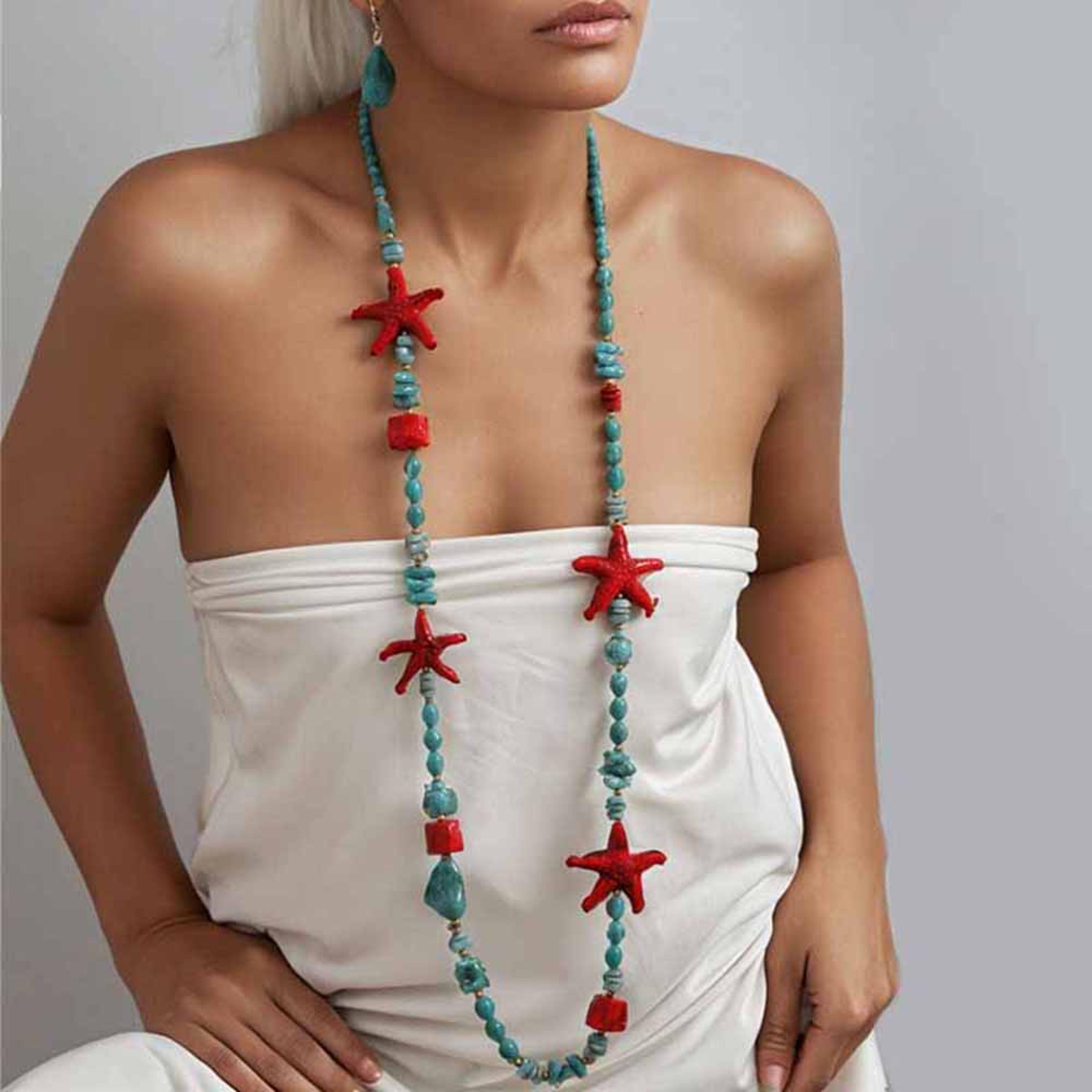 boho starfish necklace & earrings set for women tropical beach statement jewelry