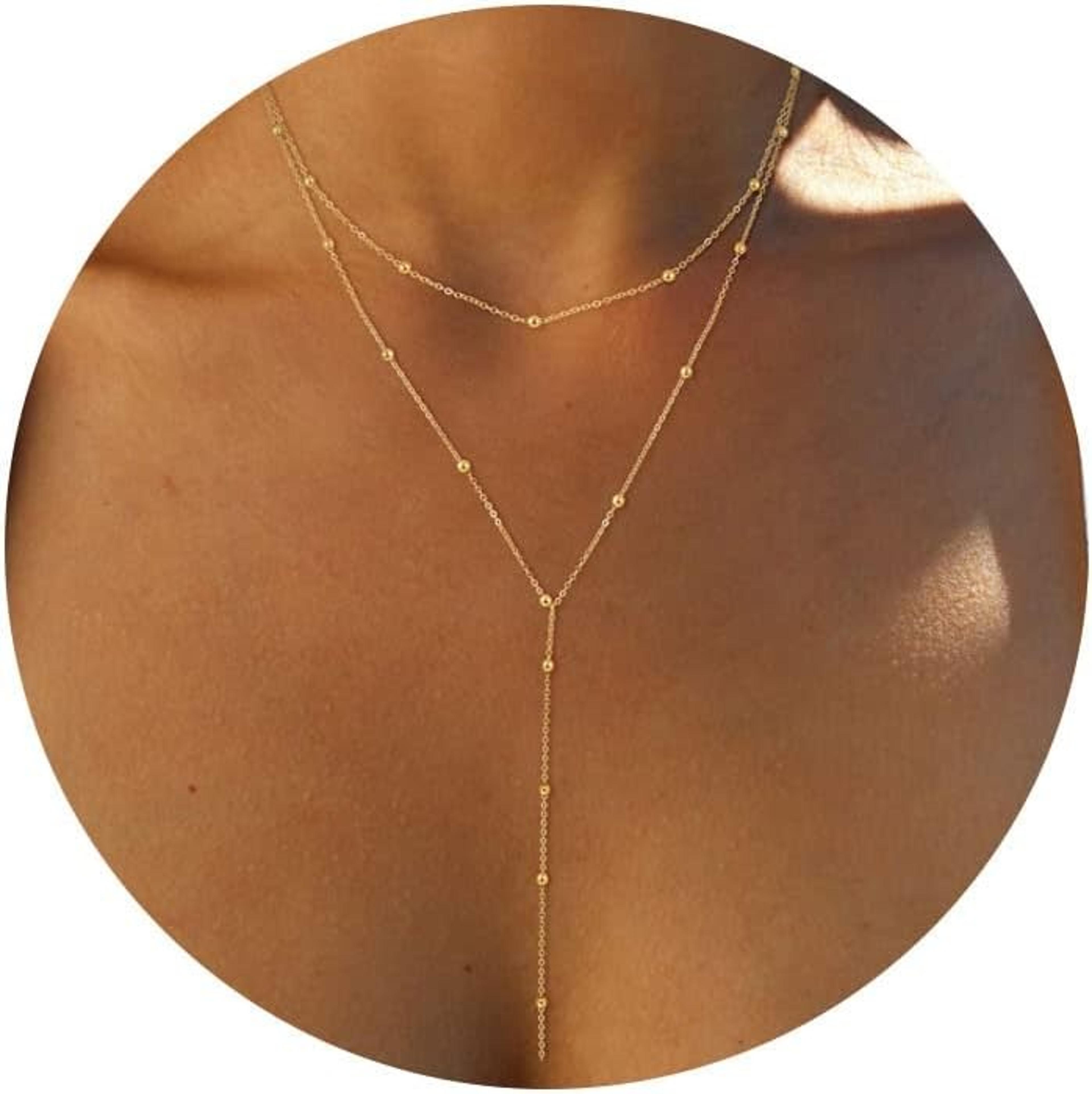 gold plated gold y necklace for women – layered beaded y pendant necklace in gold or silver