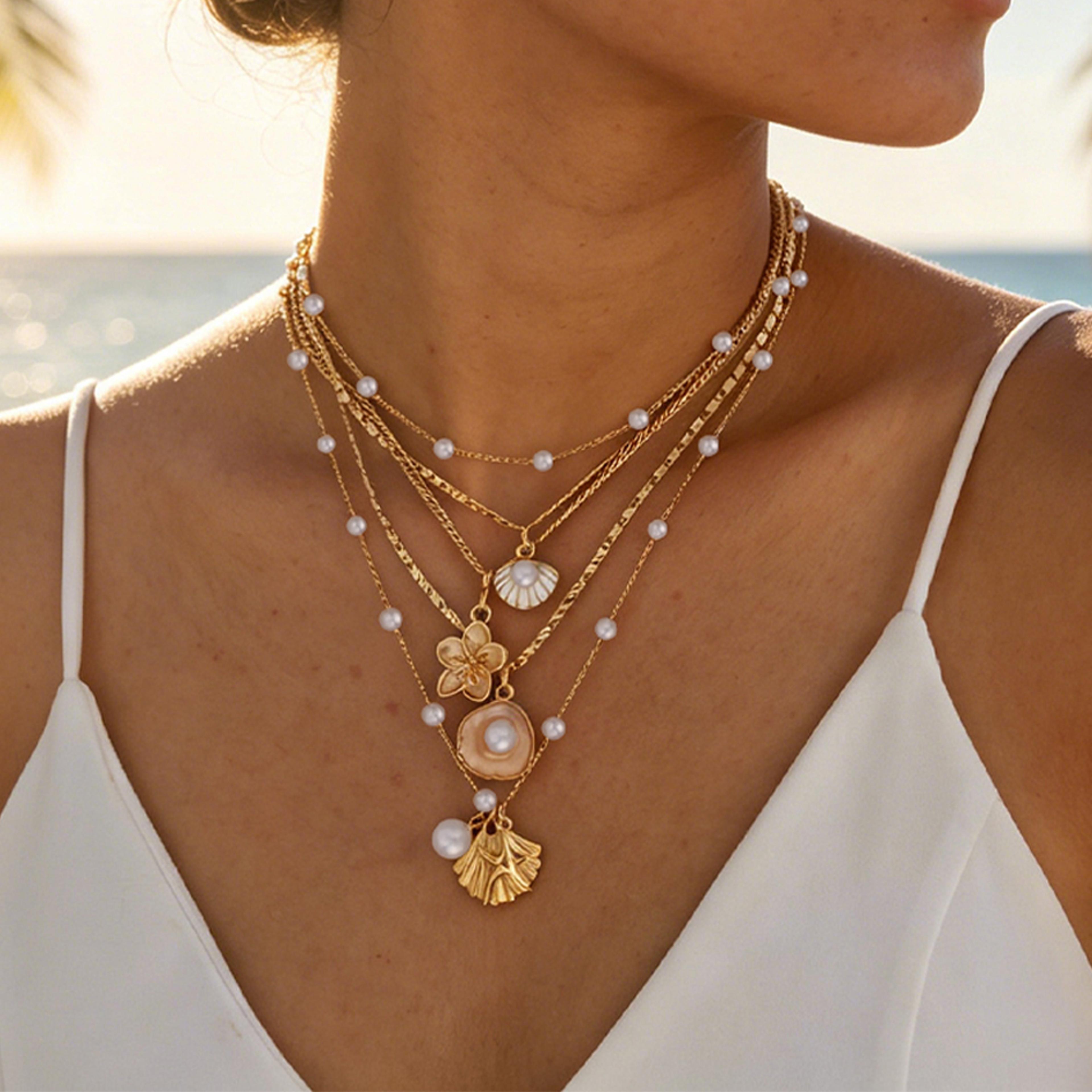 boho shell necklace set for women starfish necklace set with layered pearl beach jewelry