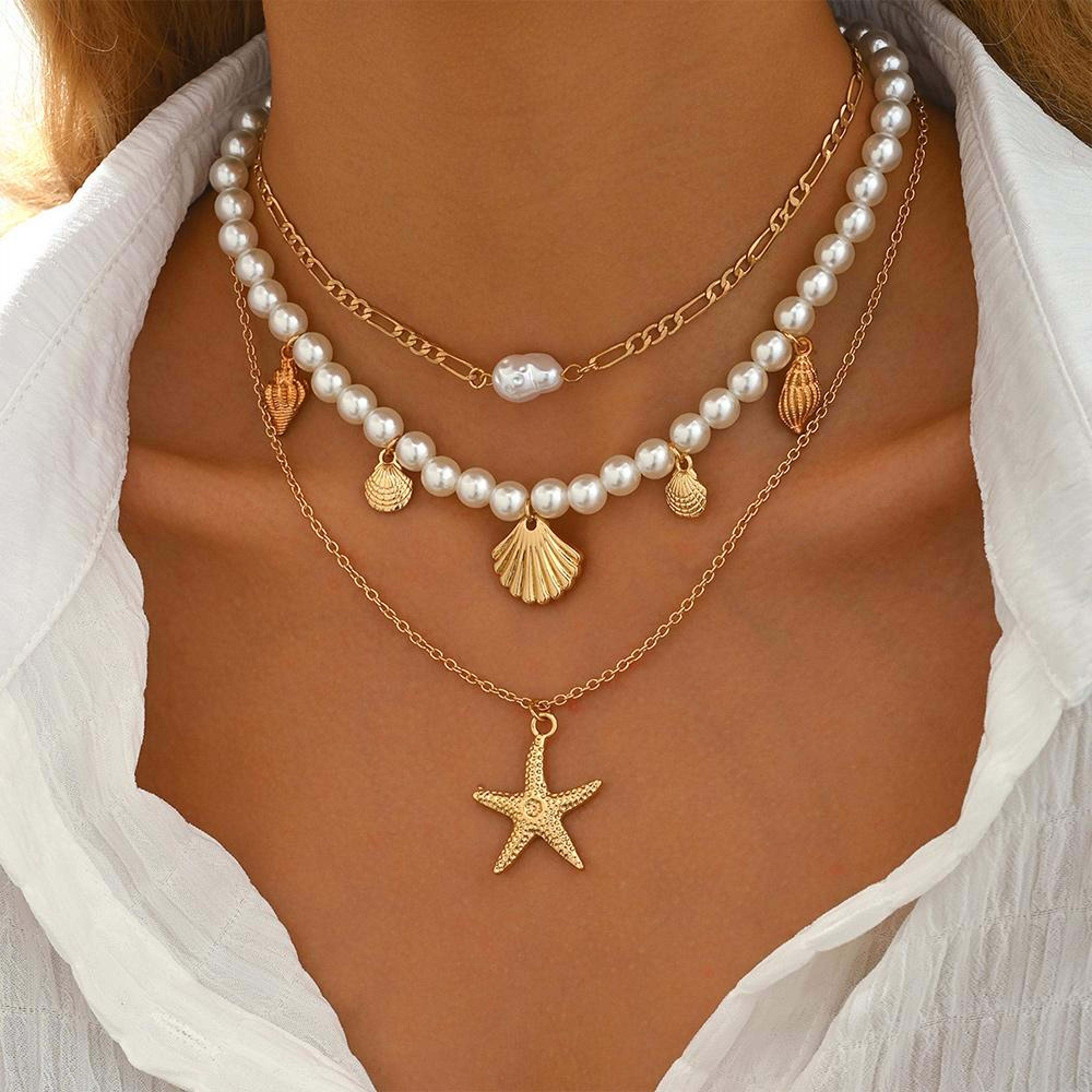 starfish necklace layered beach necklace with shell charms for women boho summer vacation jewelry
