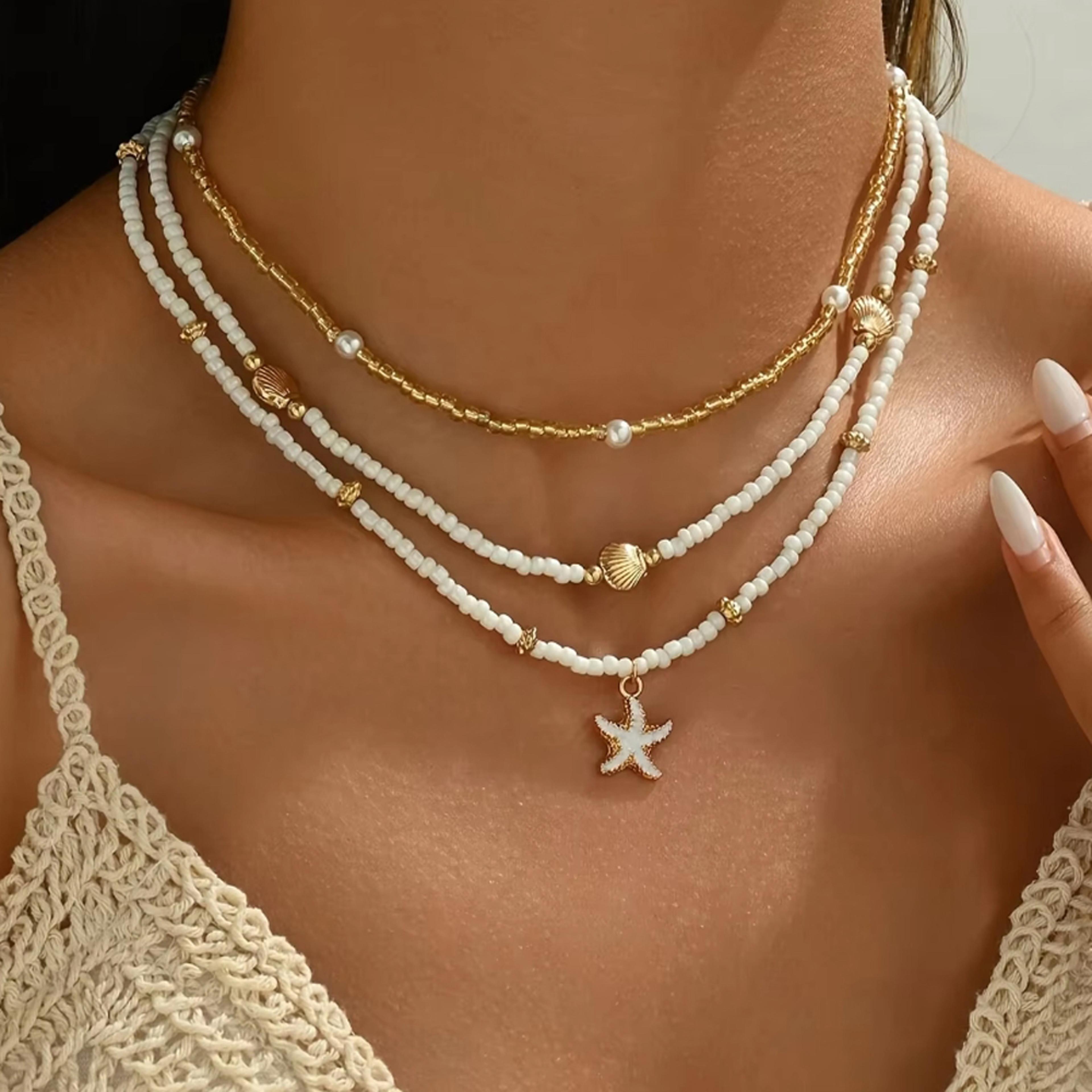 boho shell necklace with starfish pendant layered beaded choker for beach & summer vacation