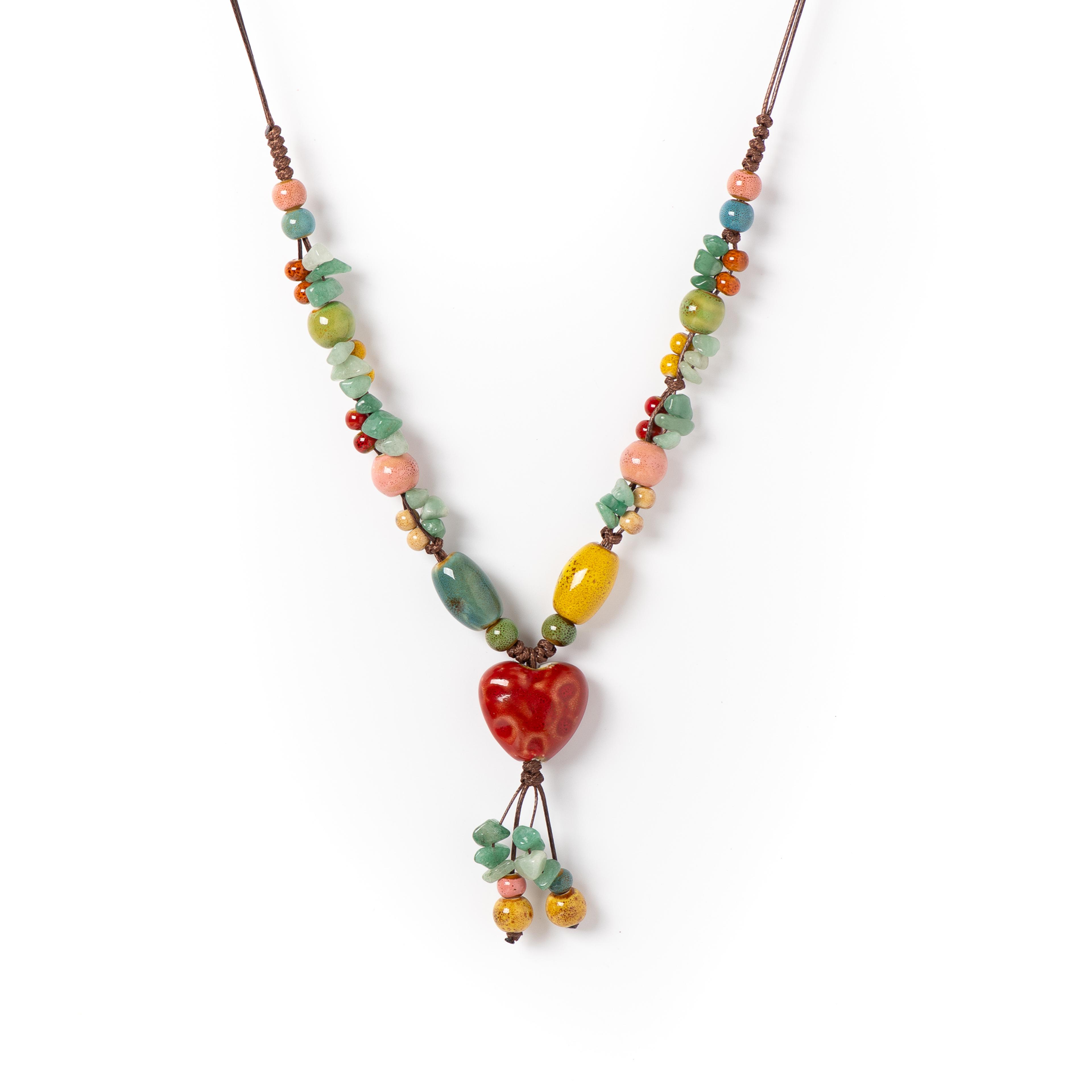 boho heart necklace handmade ceramic adjustable pendant for women vintage bohemian jewelry