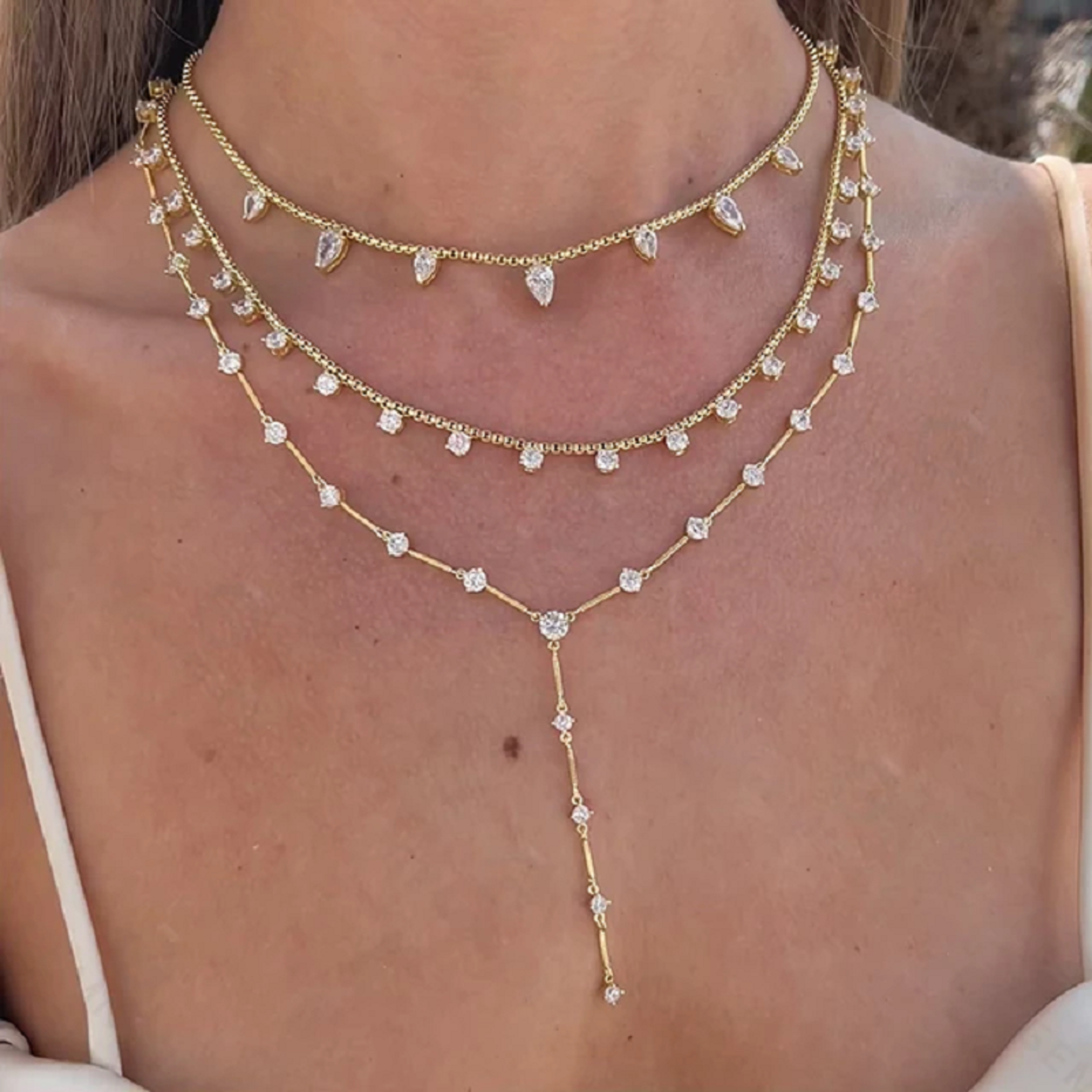 geometric cz station lariat choker necklace for women iced out zircon link chain