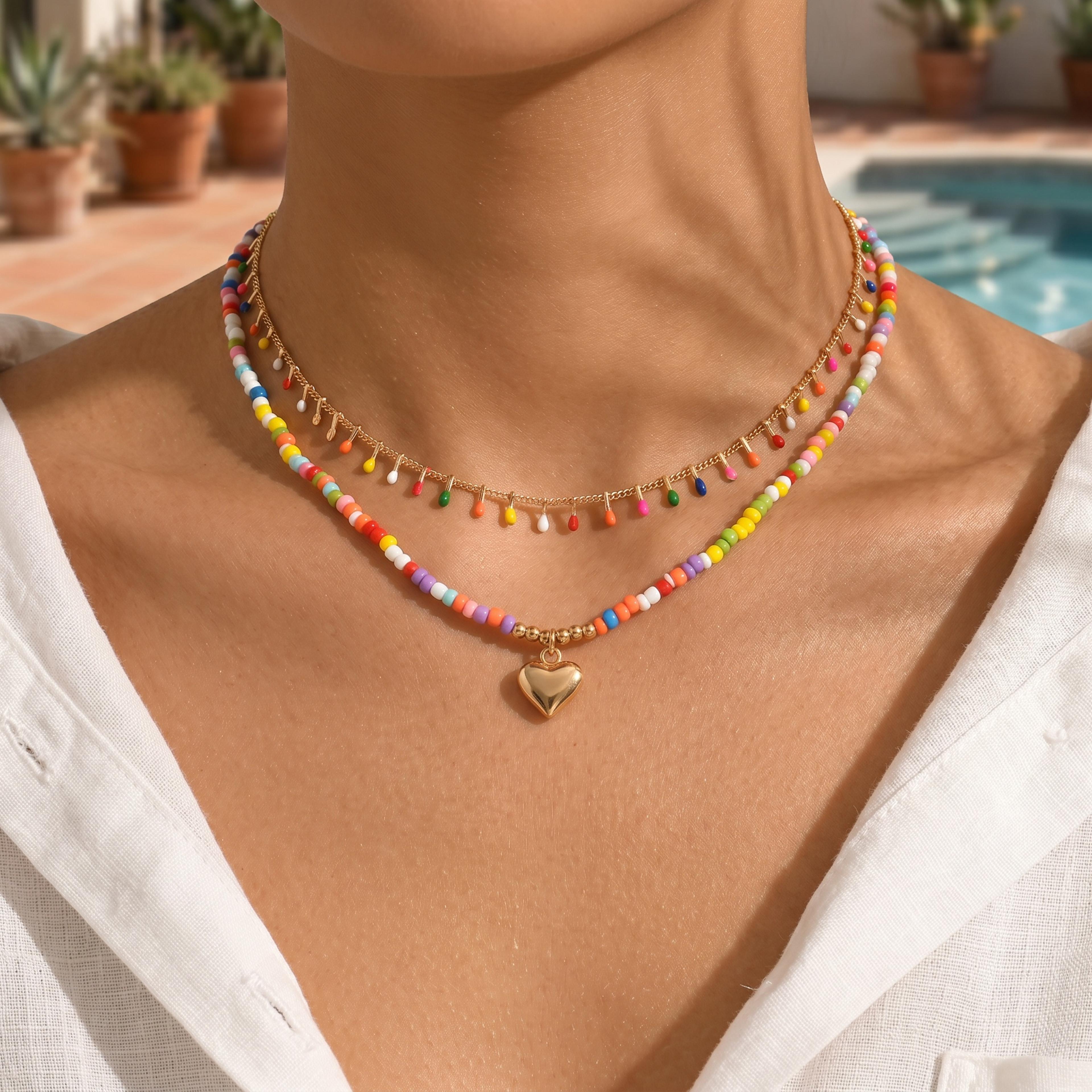 layered heart beaded choker necklace with rainbow glass beads | adjustable boho beach jewelry for women