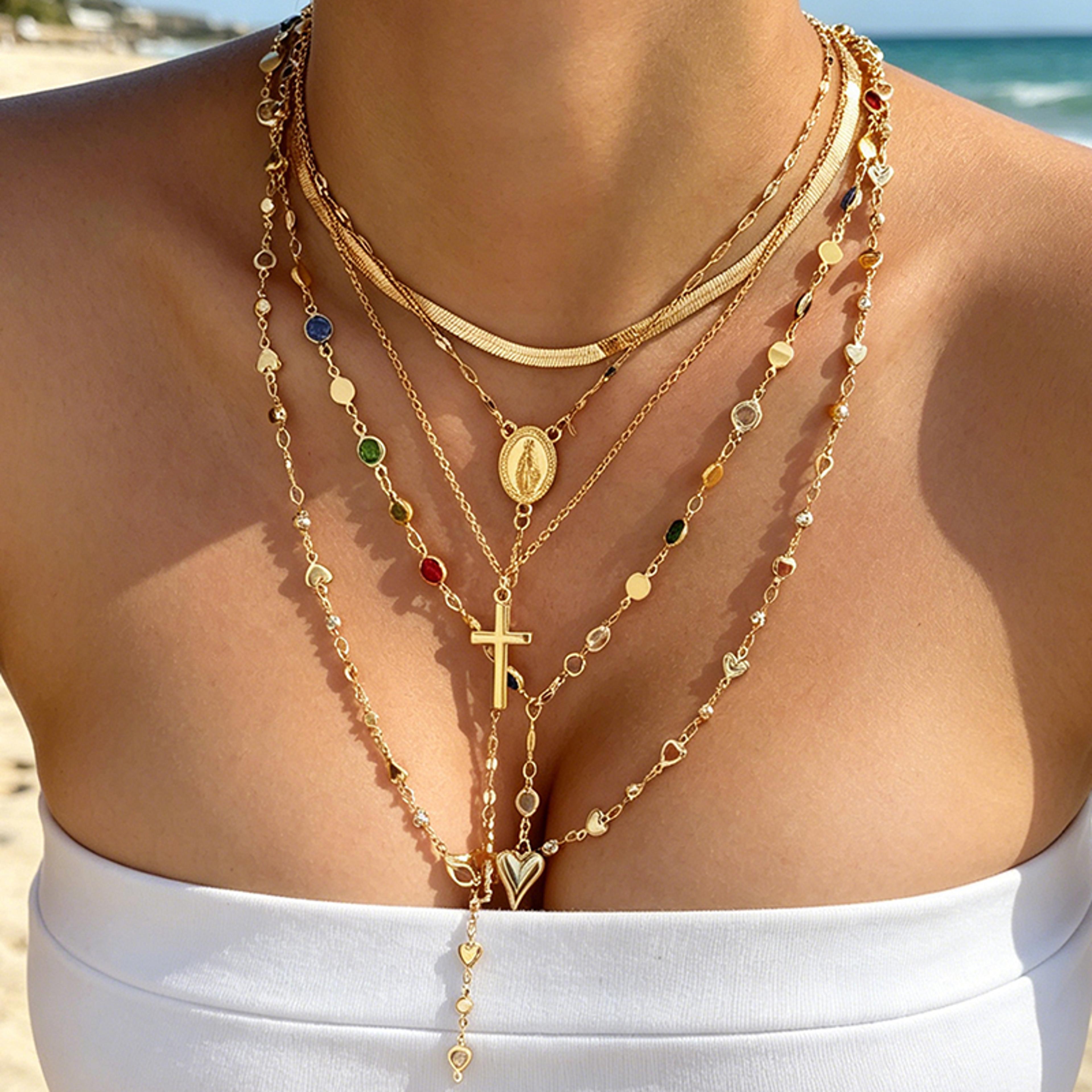 boho layered necklace set with crystal cross, heart pendant & y drop chokers for women