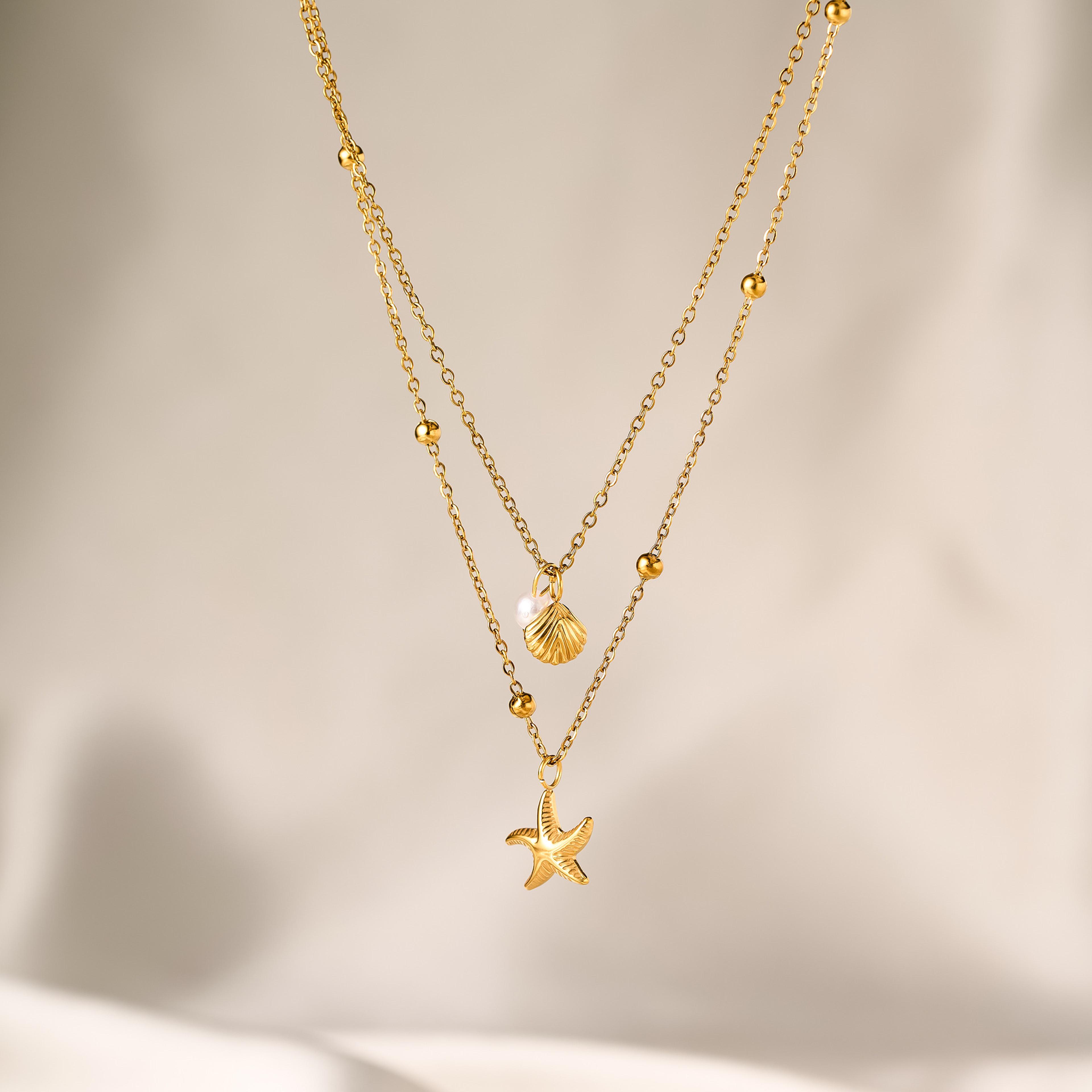 starfish shell necklace layered pearl gold stainless steel beach jewelry for women