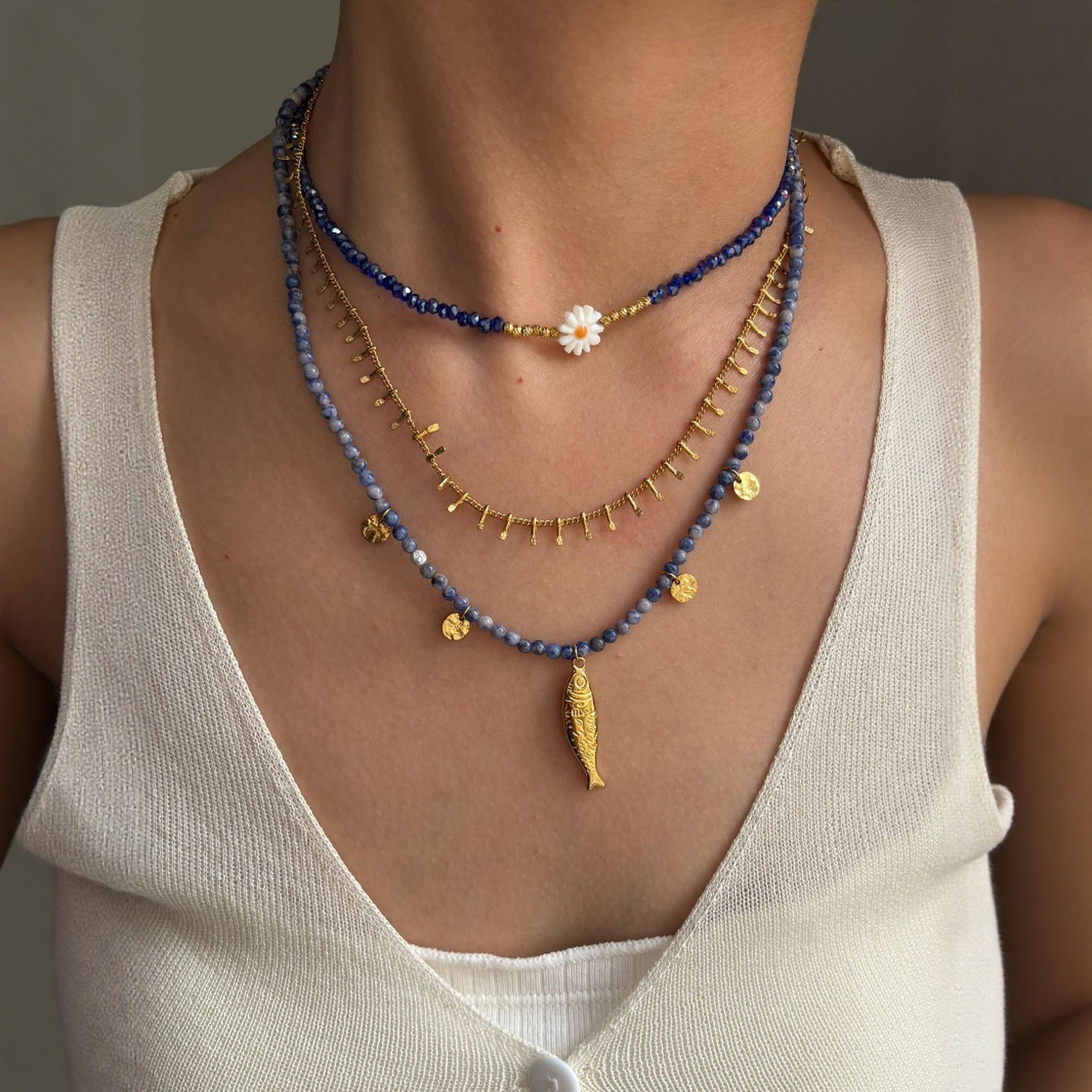 lapis lazuli necklace with fish pendant natural stone beaded boho necklace for women