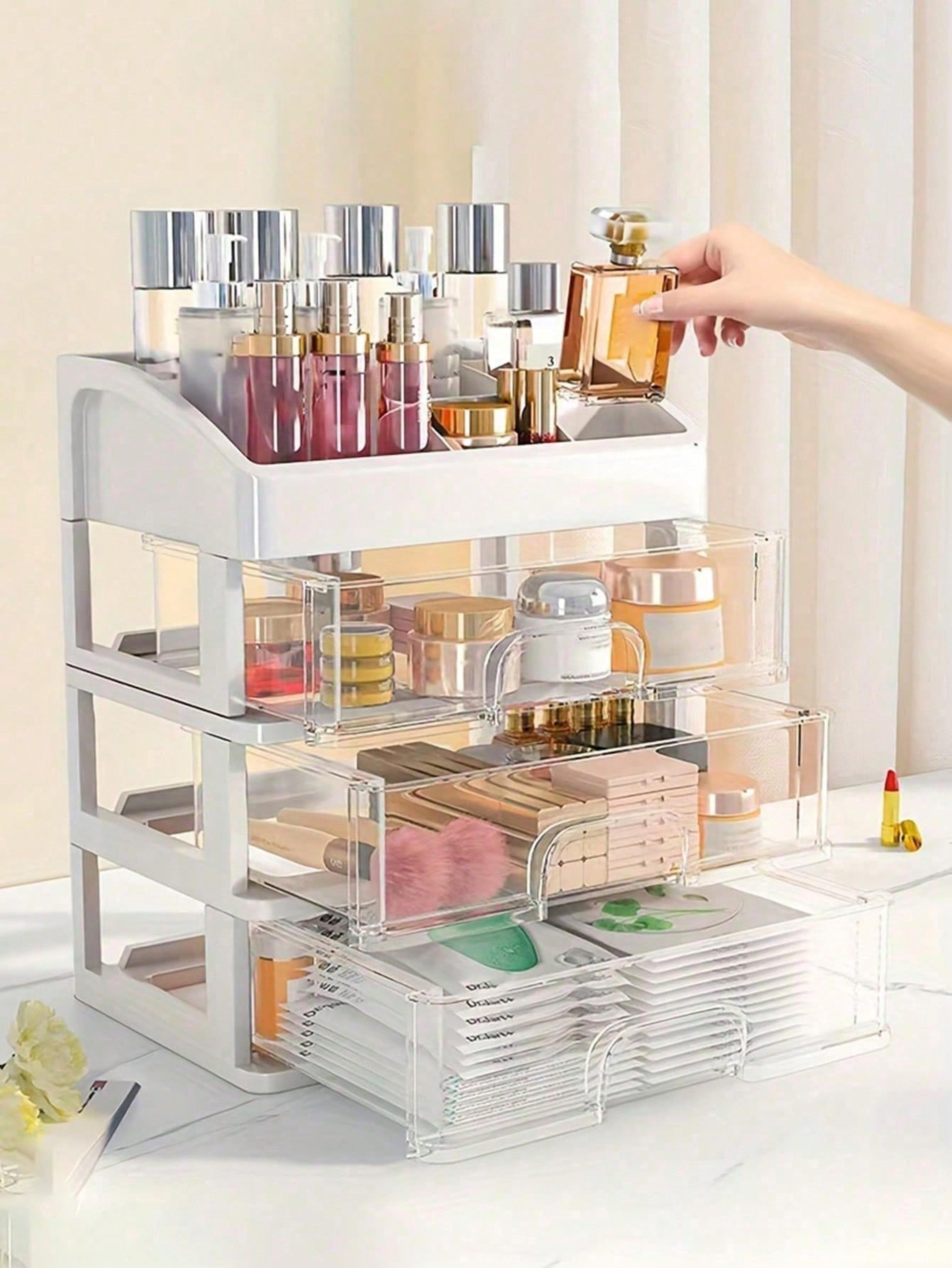 large capacity makeup organizer with dustproof cosmetic storage box and multi layer shelves
