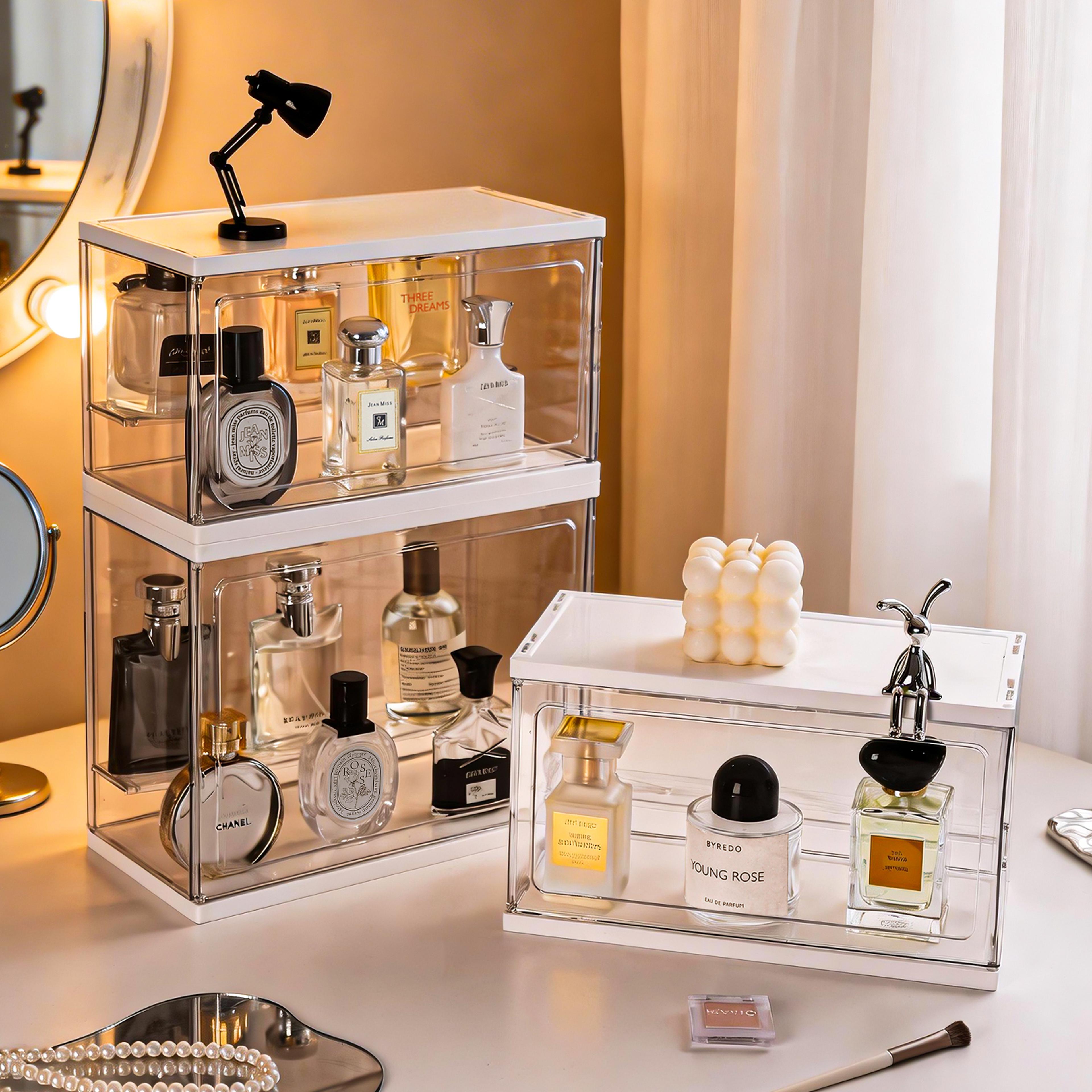 stackable acrylic perfume organizer dustproof perfume storage box for vanity and cosmetics