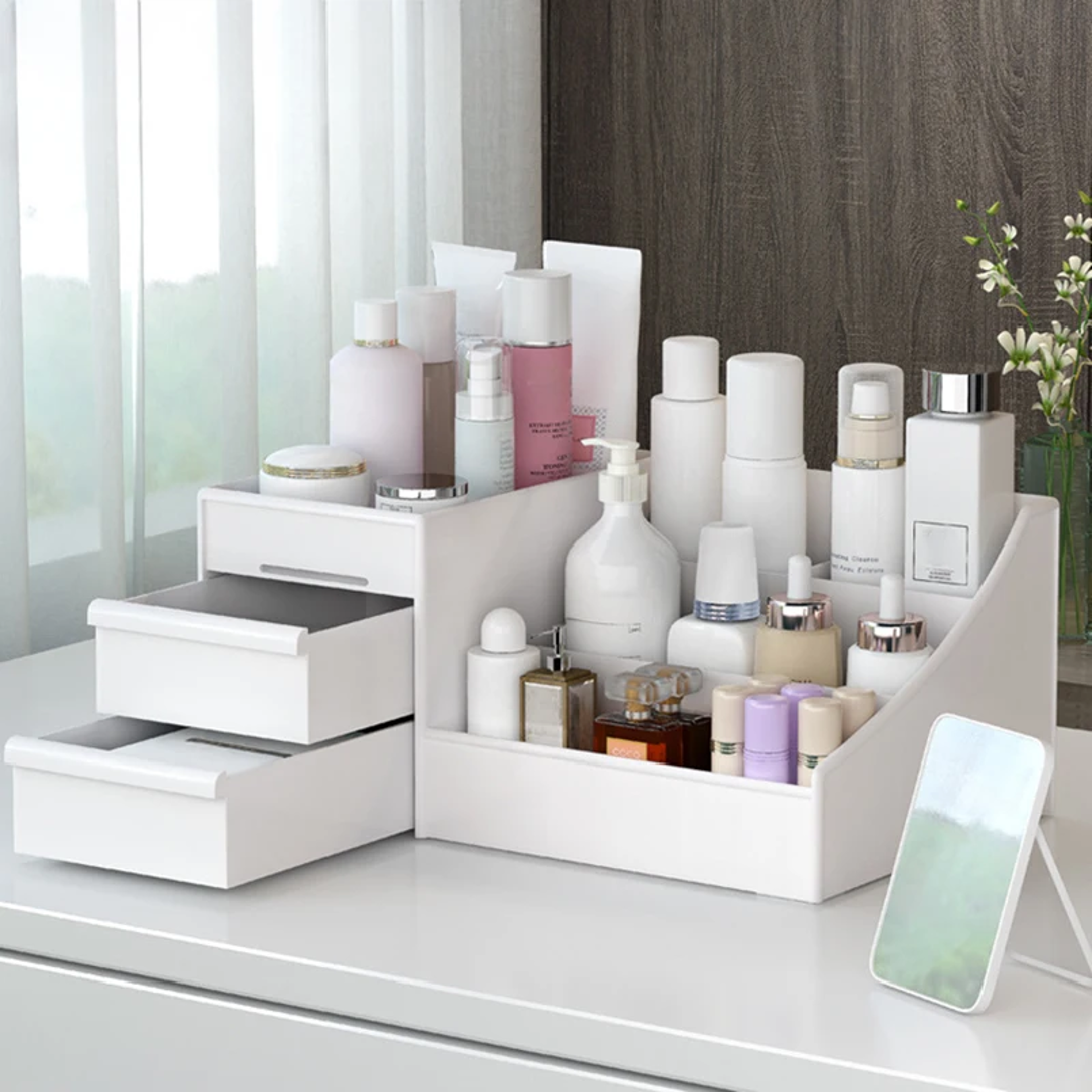 desktop makeup organizer with drawers for cosmetics and skincare storage