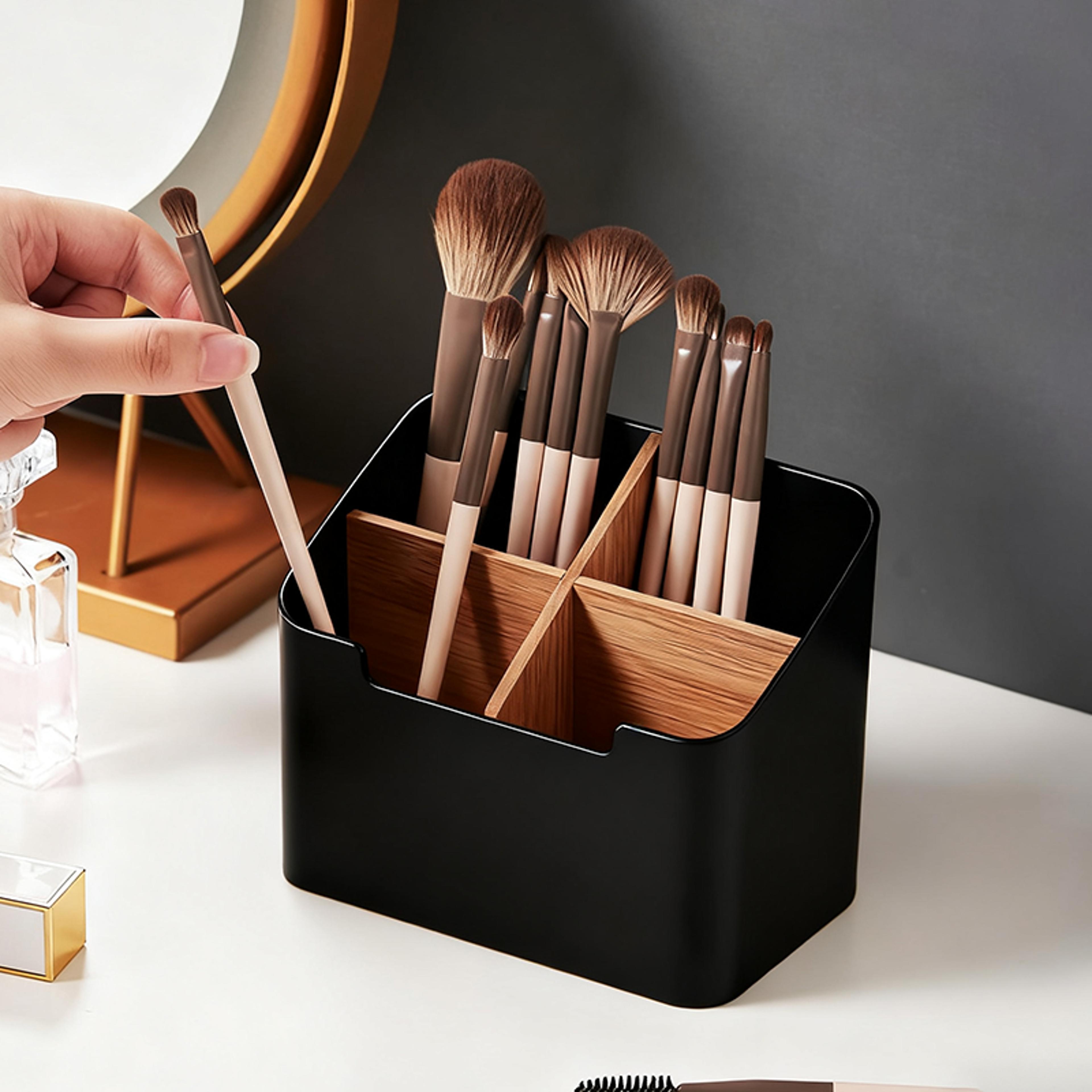 multi compartment remote control holder and desk organizer for remotes, brushes and office supplies