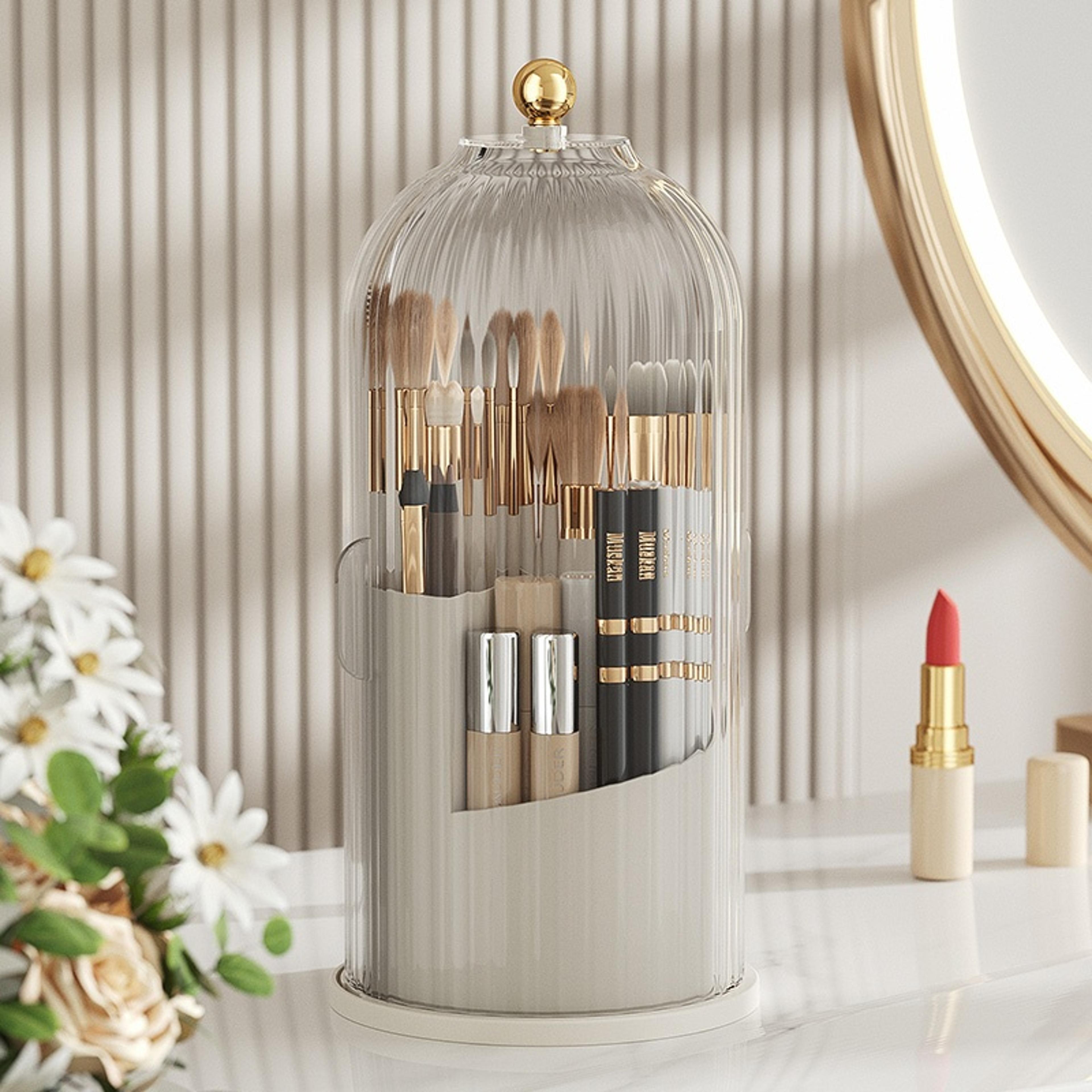 360 rotating makeup brush organizer with dustproof lid and cosmetic storage