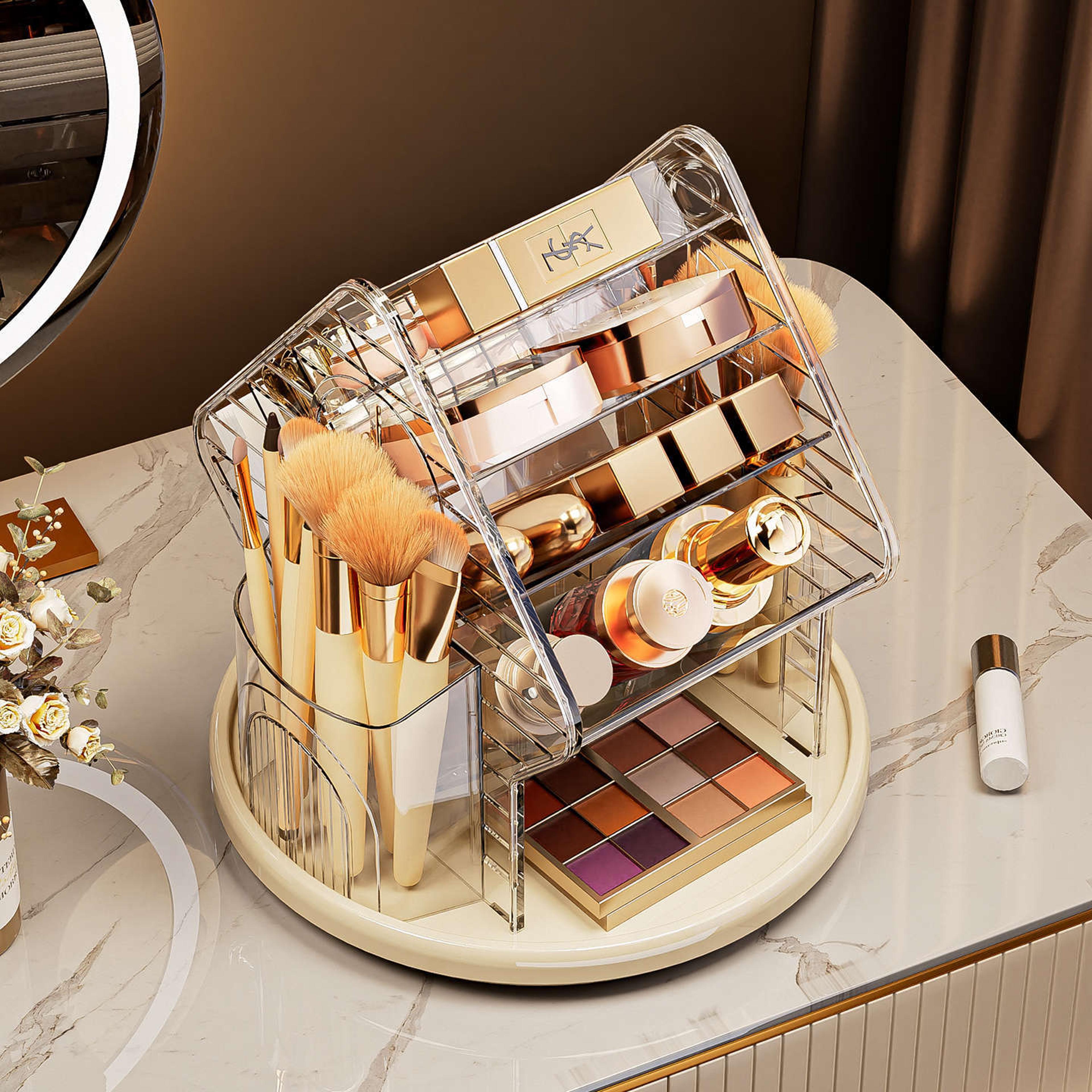 rotating makeup organizer with cosmetic brush and lipstick holder