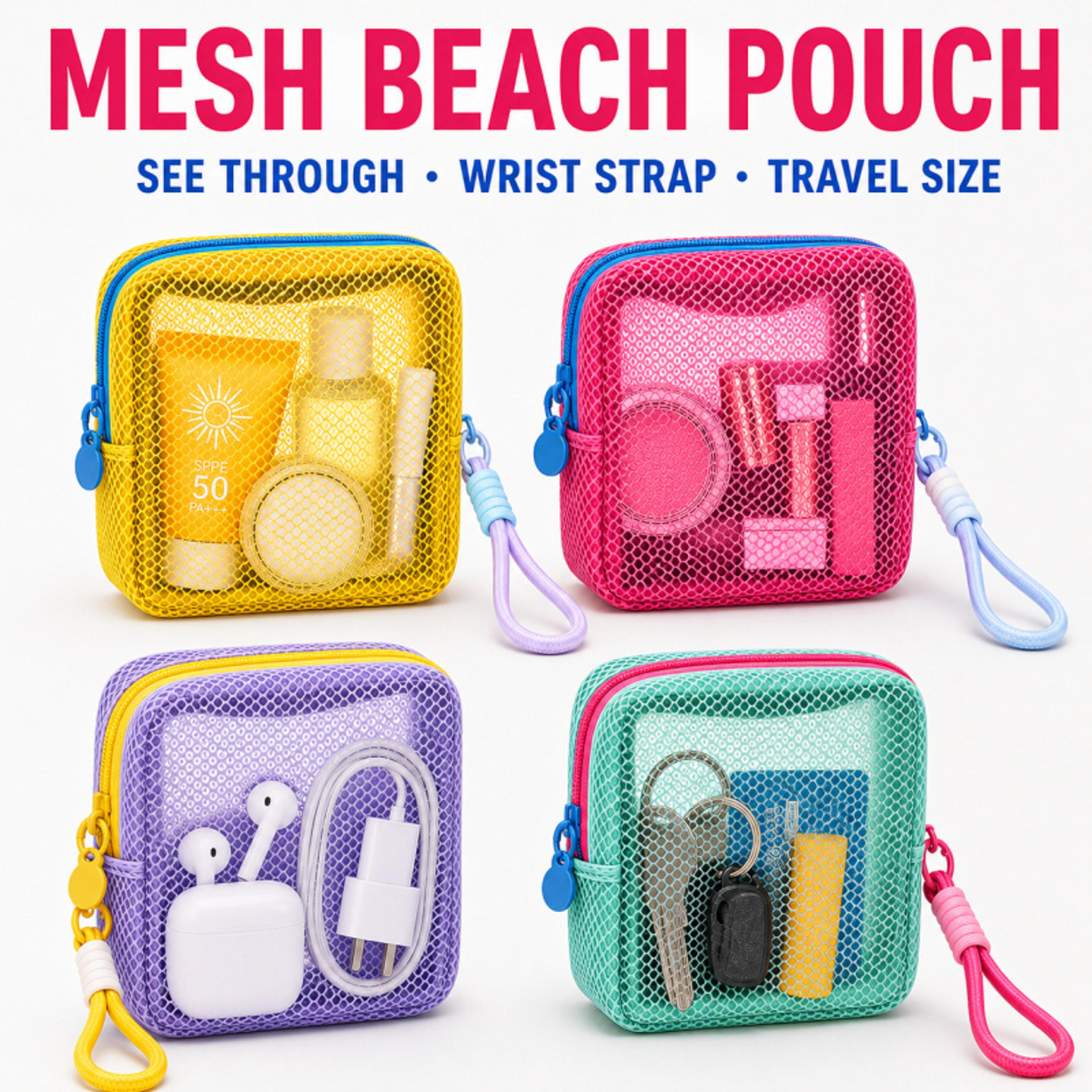 clear mesh beach pouch with wrist strap travel cosmetic organizer