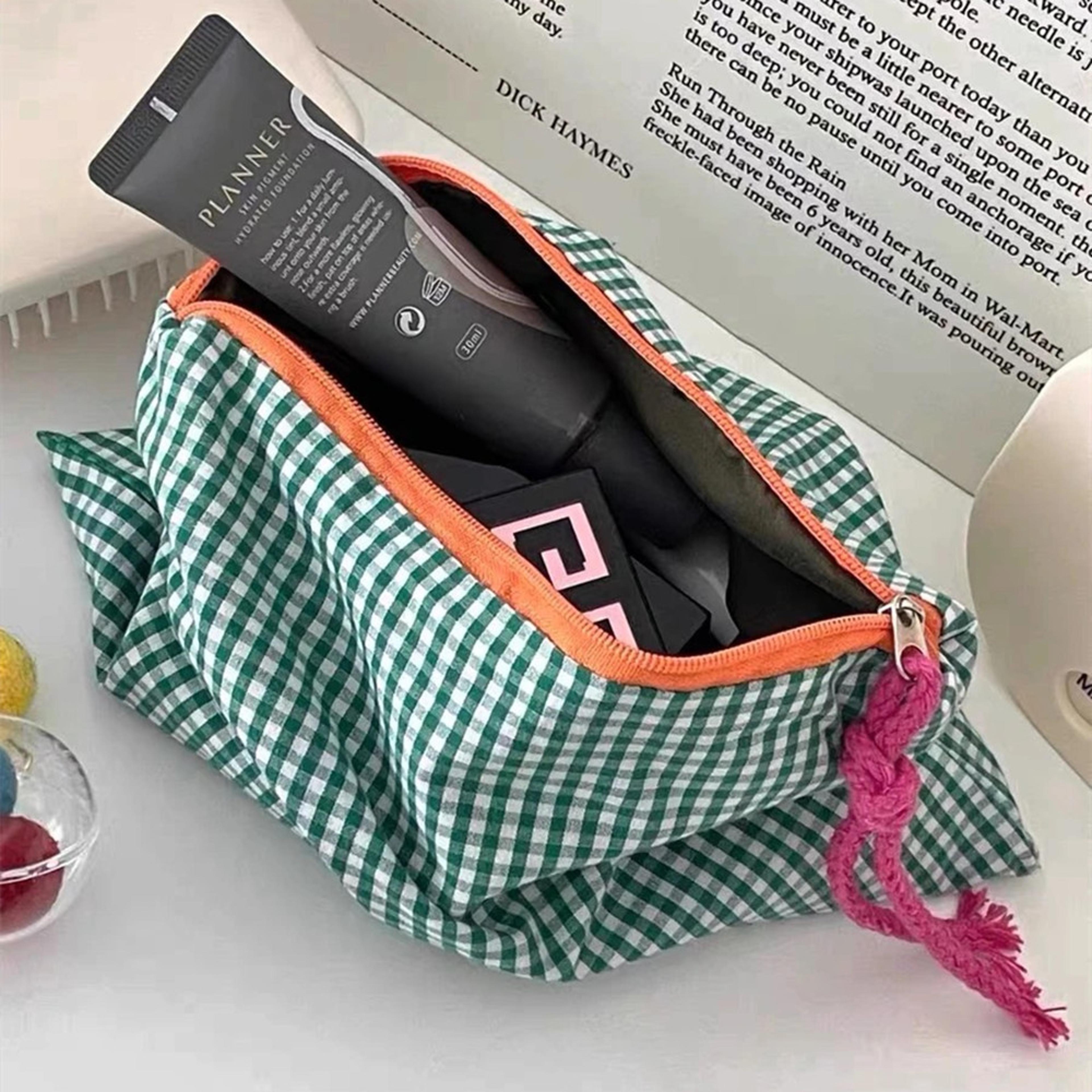 large capacity plaid makeup bag cotton travel cosmetic organizer for women and girls
