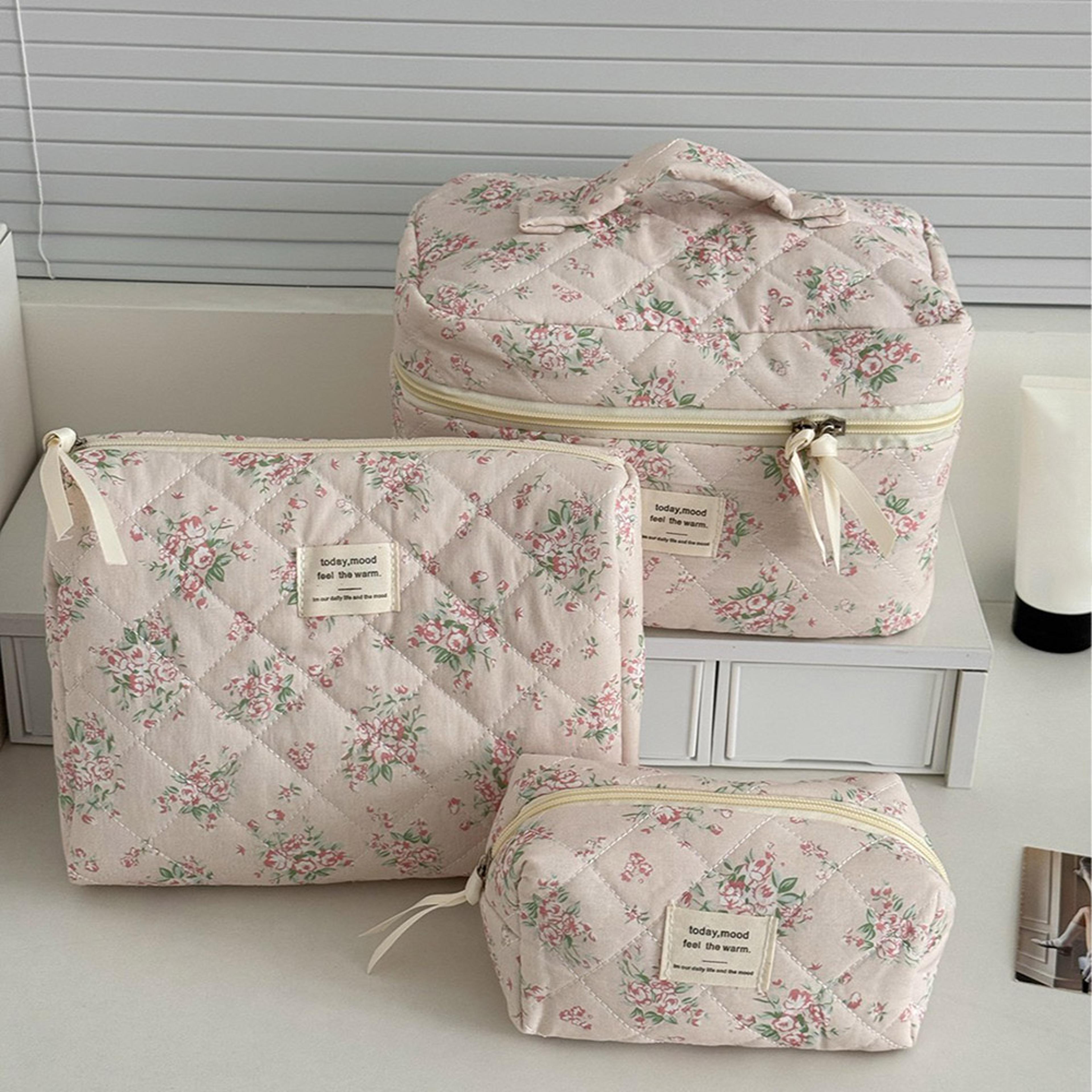 vintage rose quilted makeup bag cotton floral travel cosmetic organizer for women