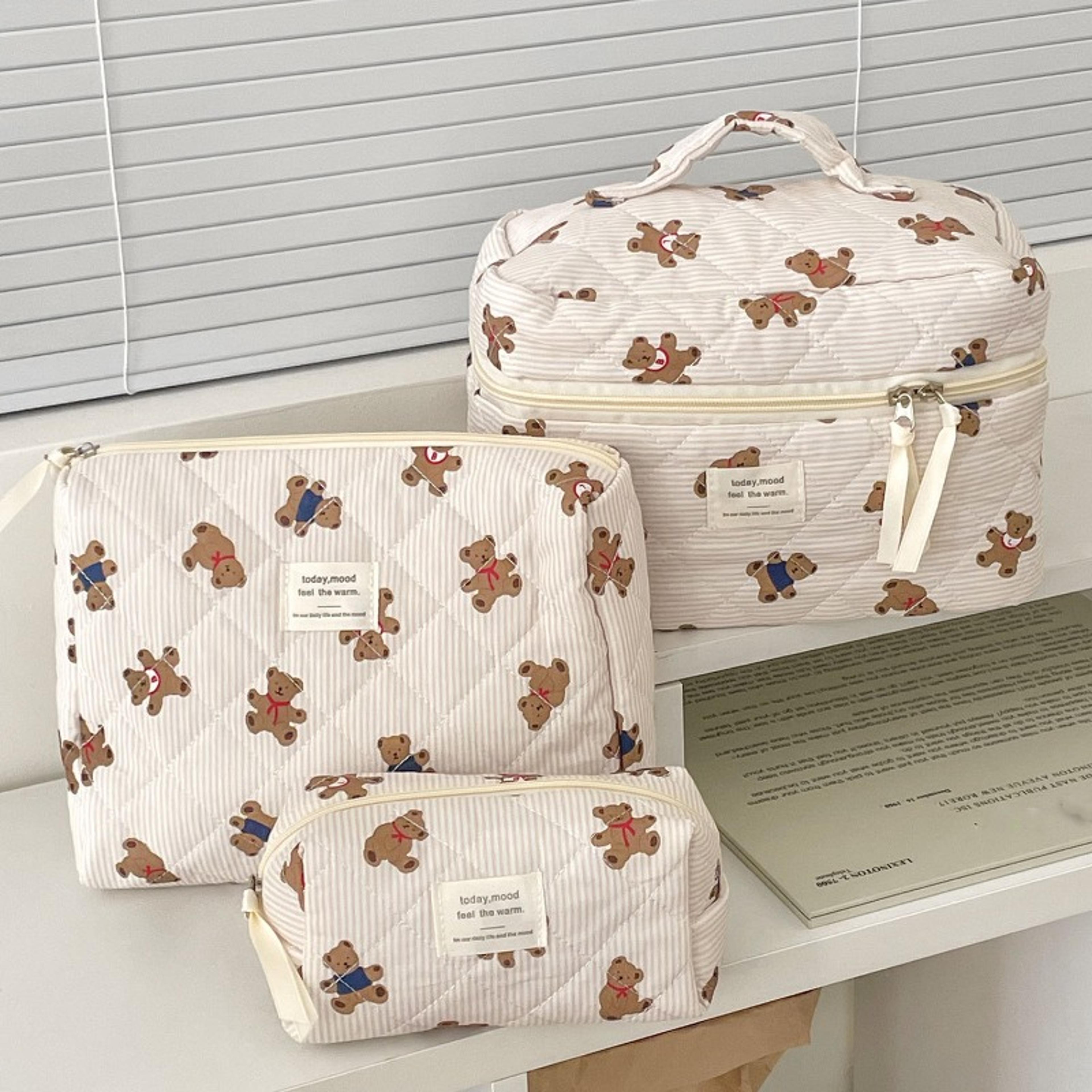 cute bear quilted makeup bag cotton floral travel cosmetic organizer for women and girls