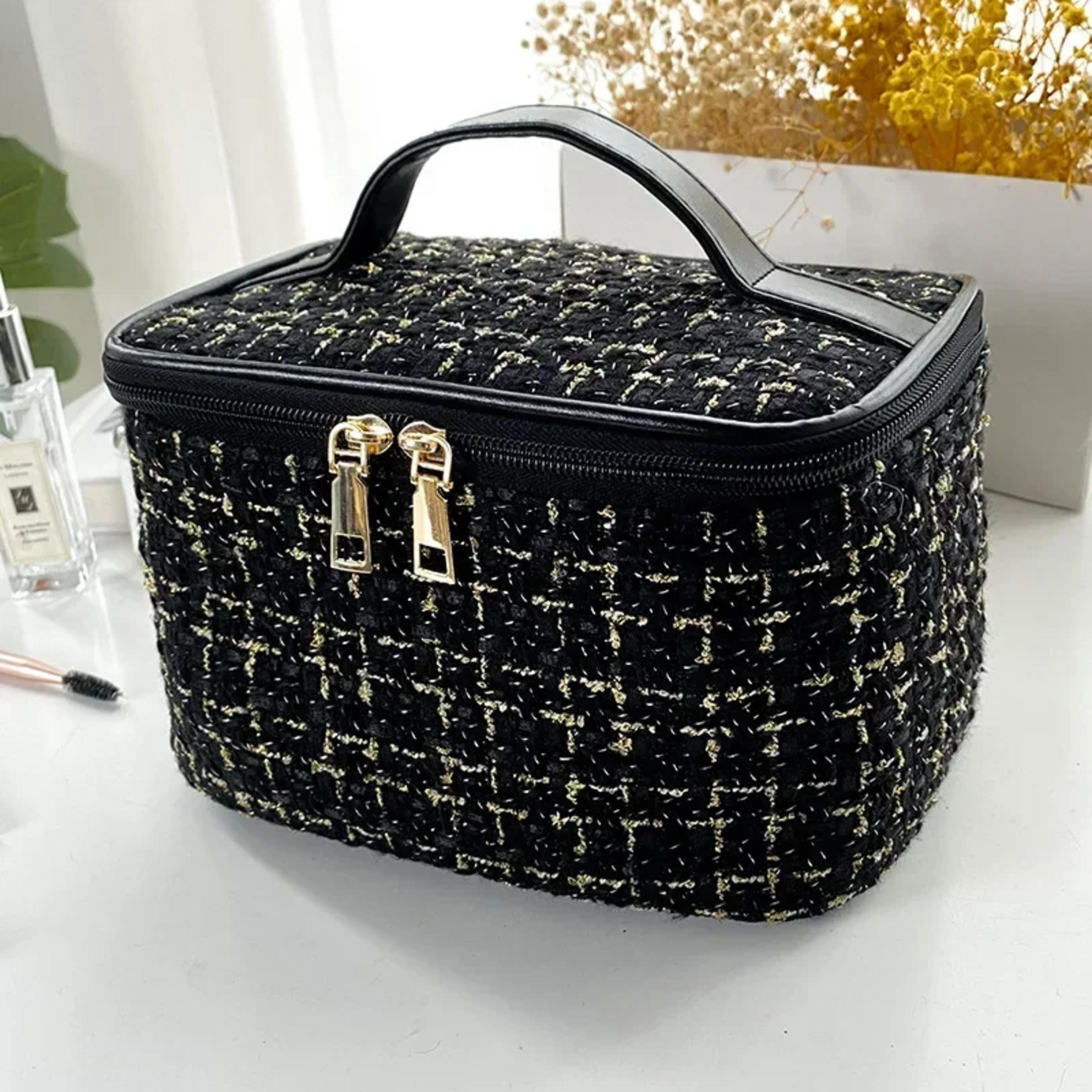 large capacity travel makeup bag with handle and cosmetic organizer compartments