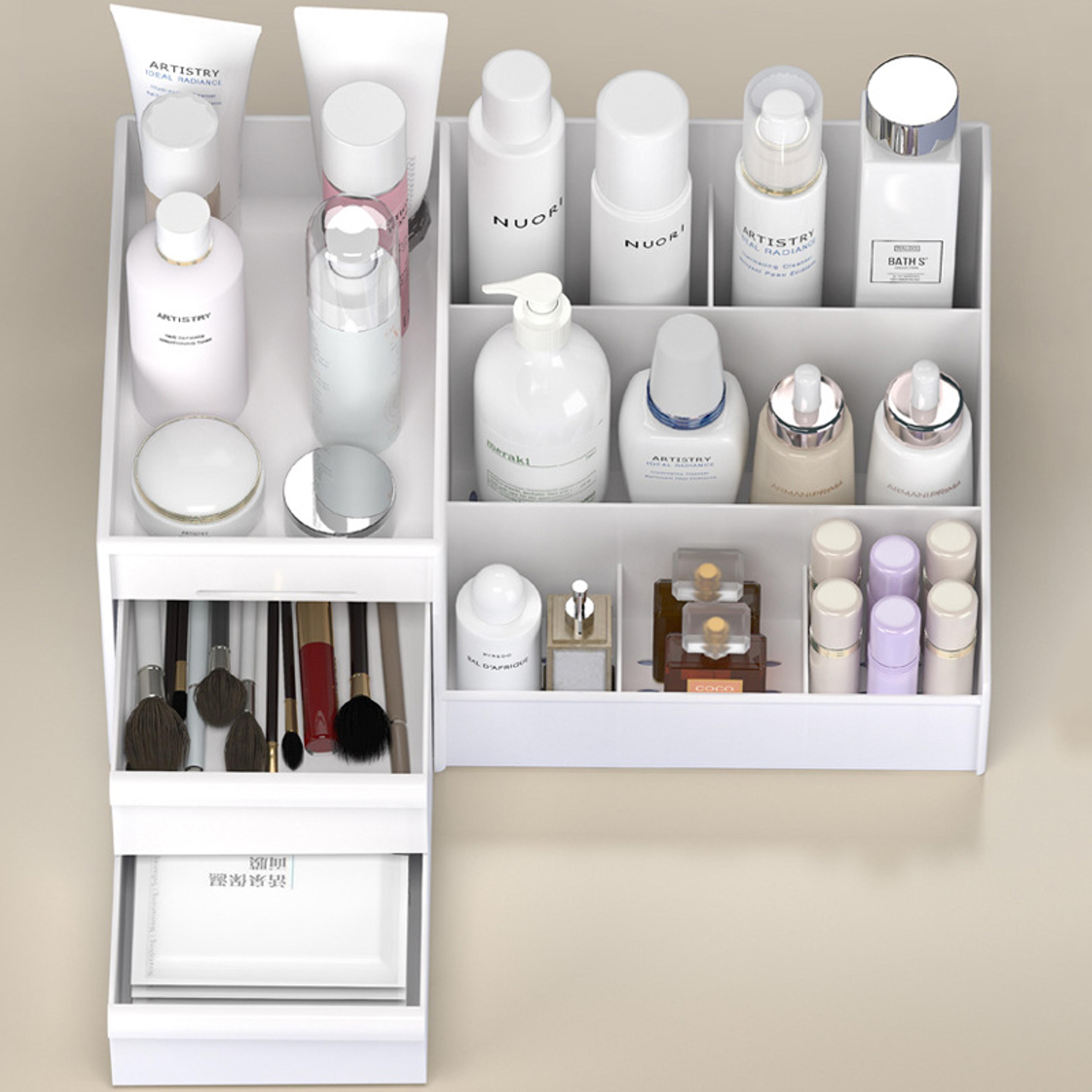 white makeup organizer with drawer compact cosmetic and skincare storage for vanity