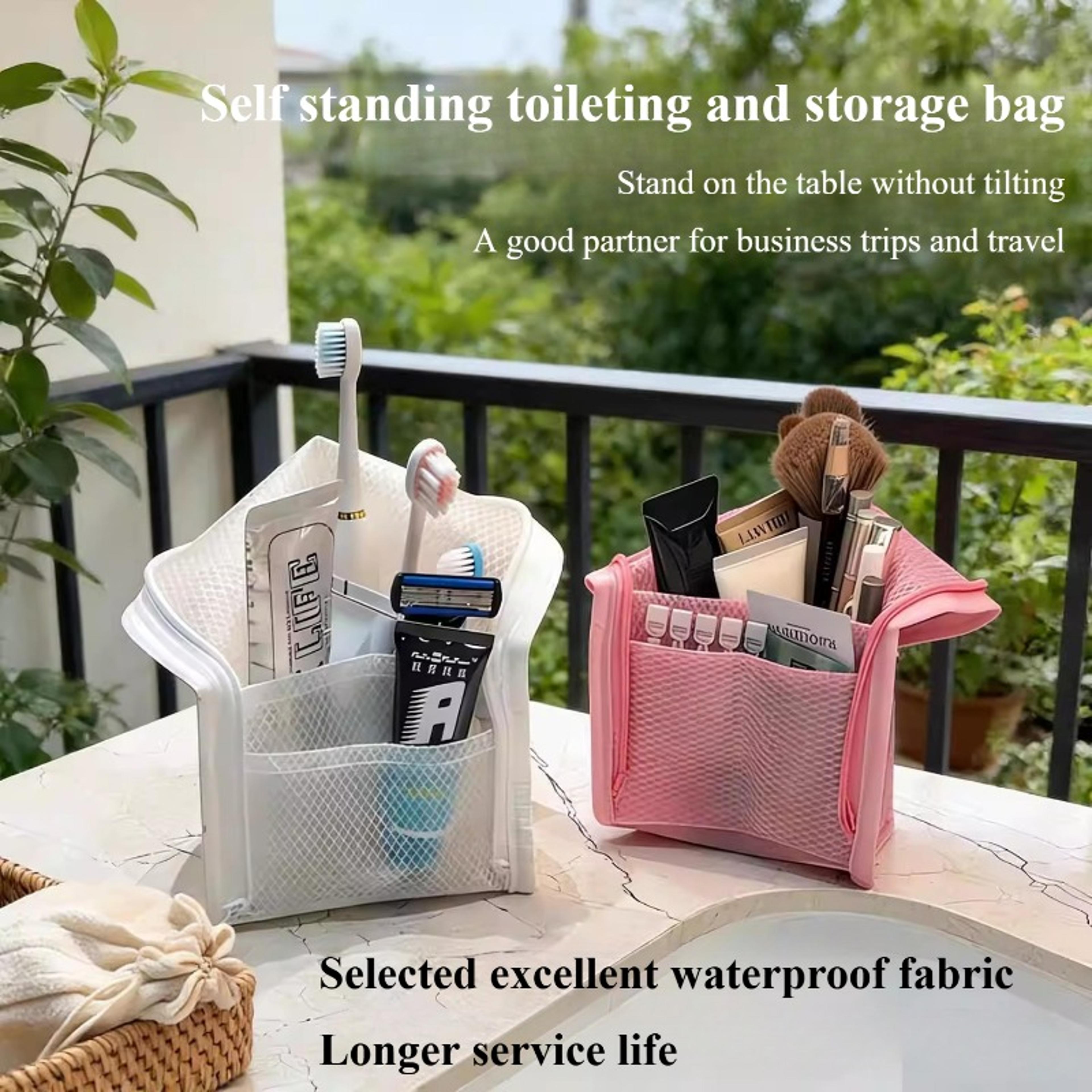 standing mesh toiletry bag waterproof travel makeup organizer for cosmetics and toothbrush storage