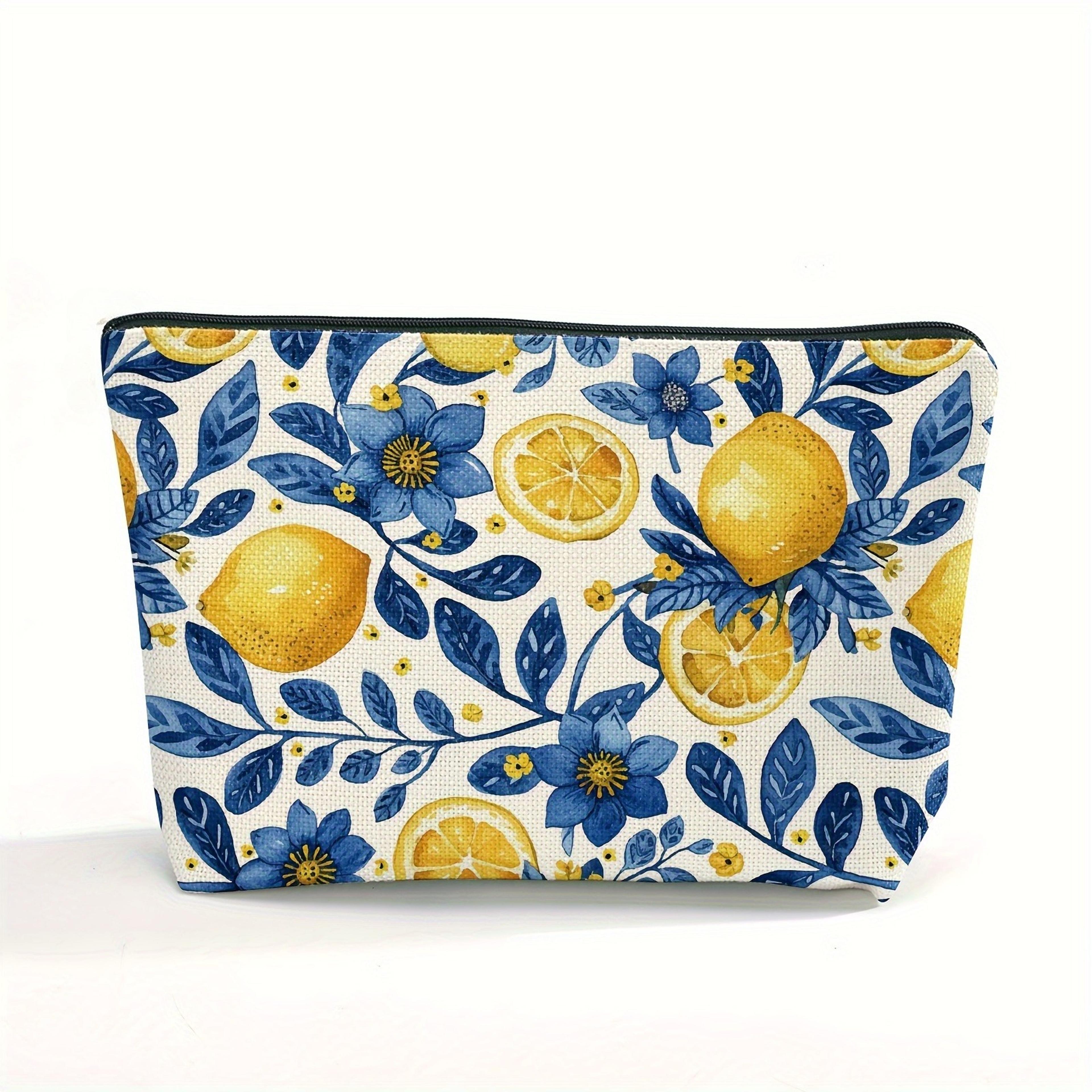 lemon floral cosmetic bag for women, travel makeup bag and zipper toiletry pouch
