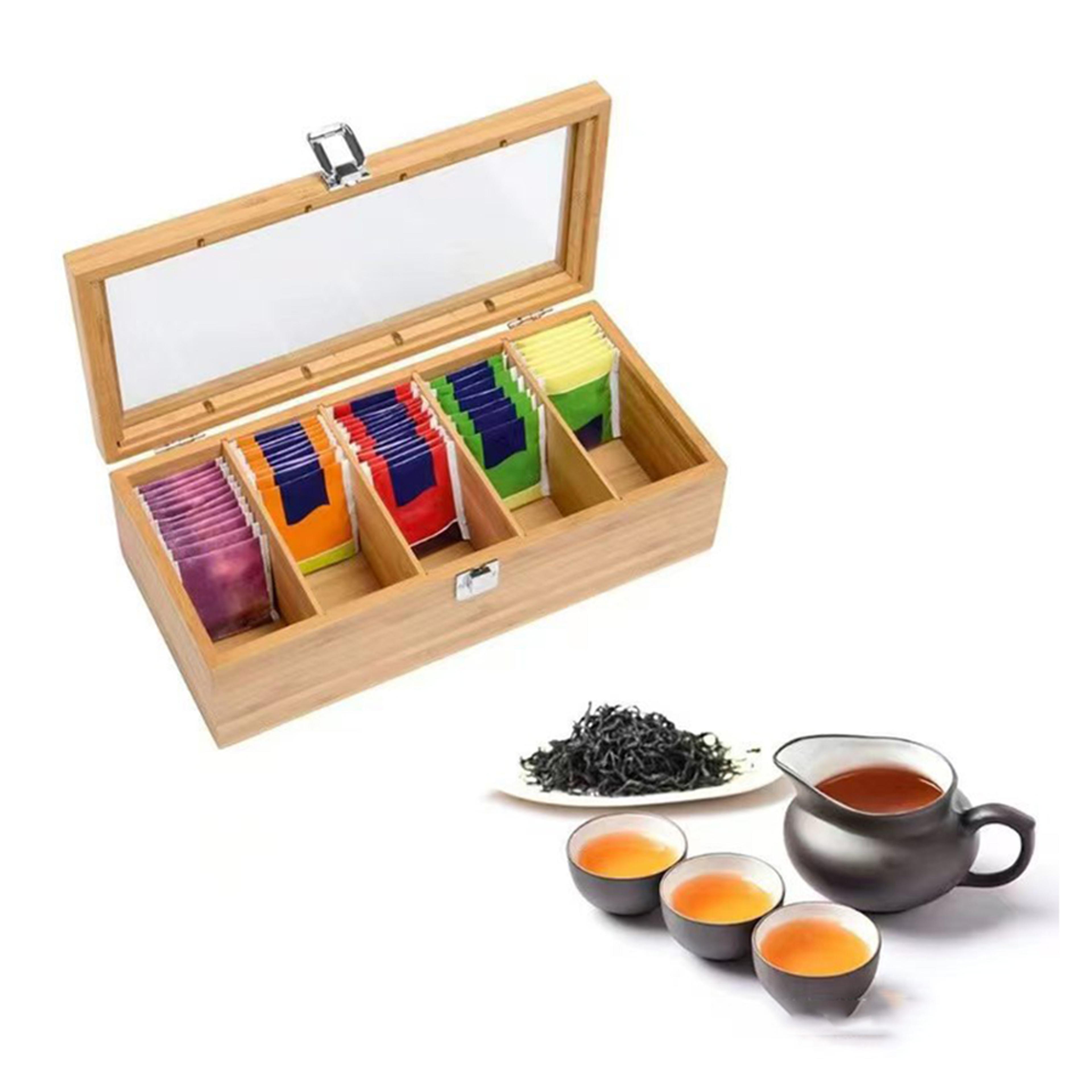 5 compartment bamboo tea box with clear lid and tea bag organizer