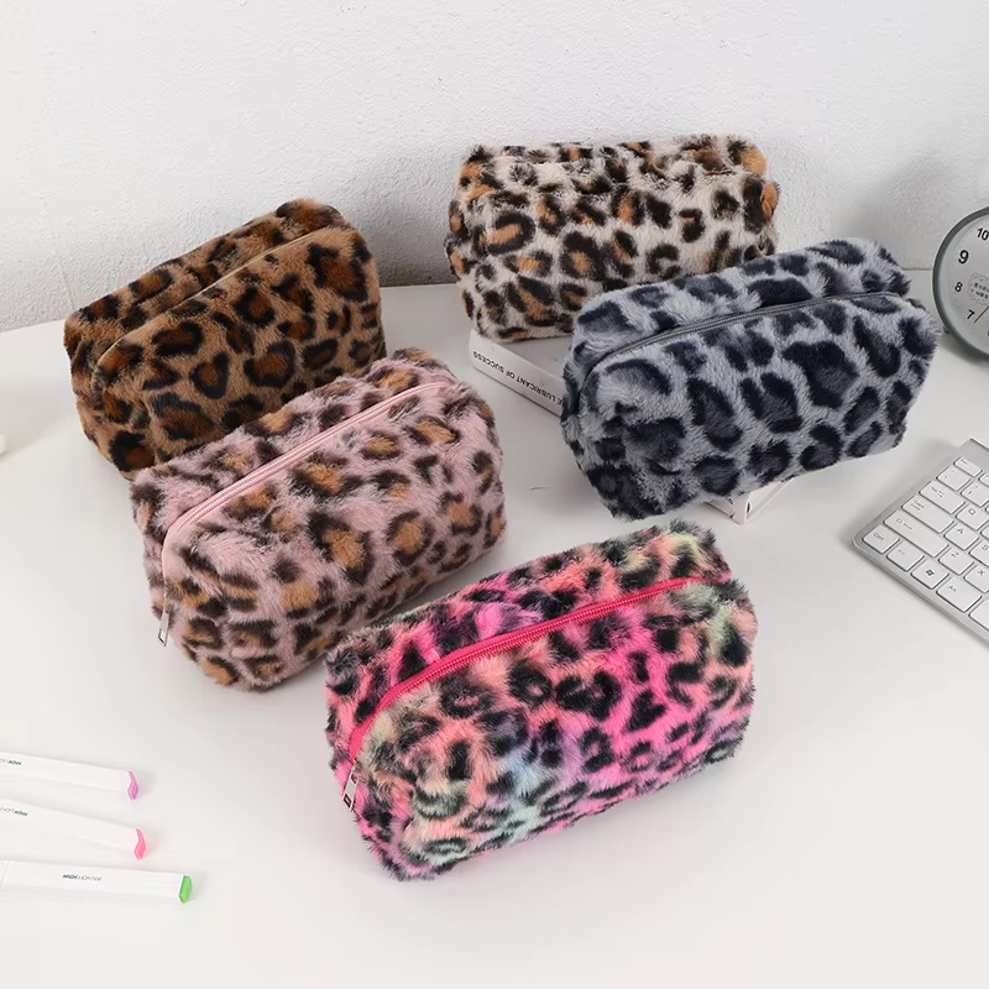 leopard makeup bag soft faux fur travel cosmetic bag for women
