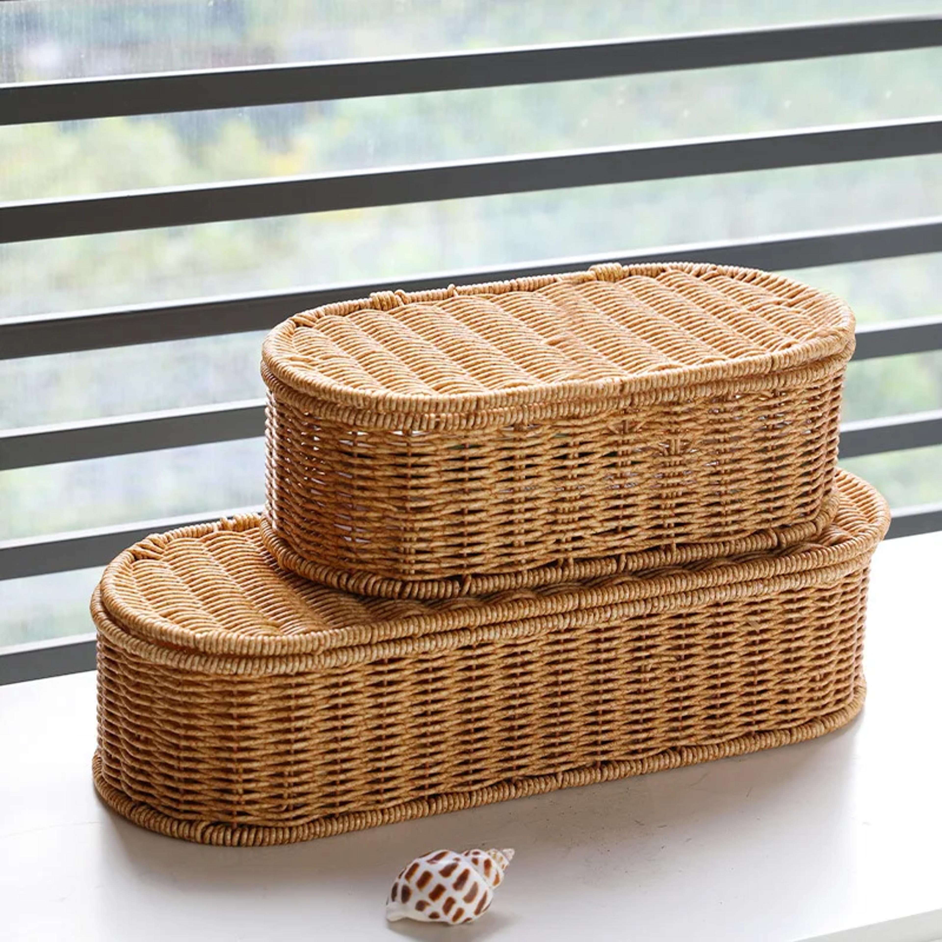 boho rattan storage basket with lid, woven storage box and kitchen organizer