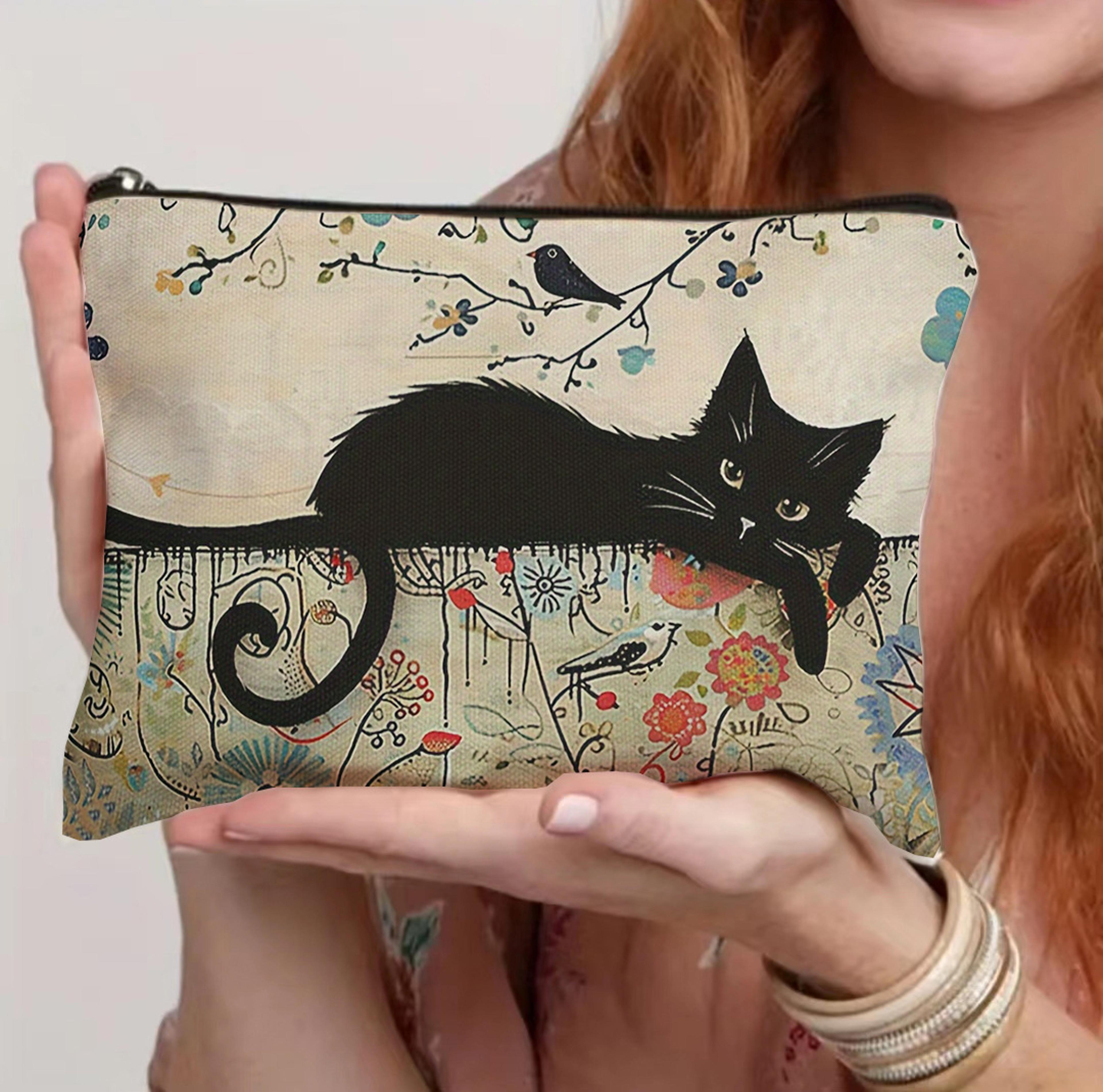black cat floral makeup bag cosmetic zipper pouch and cat lover gift